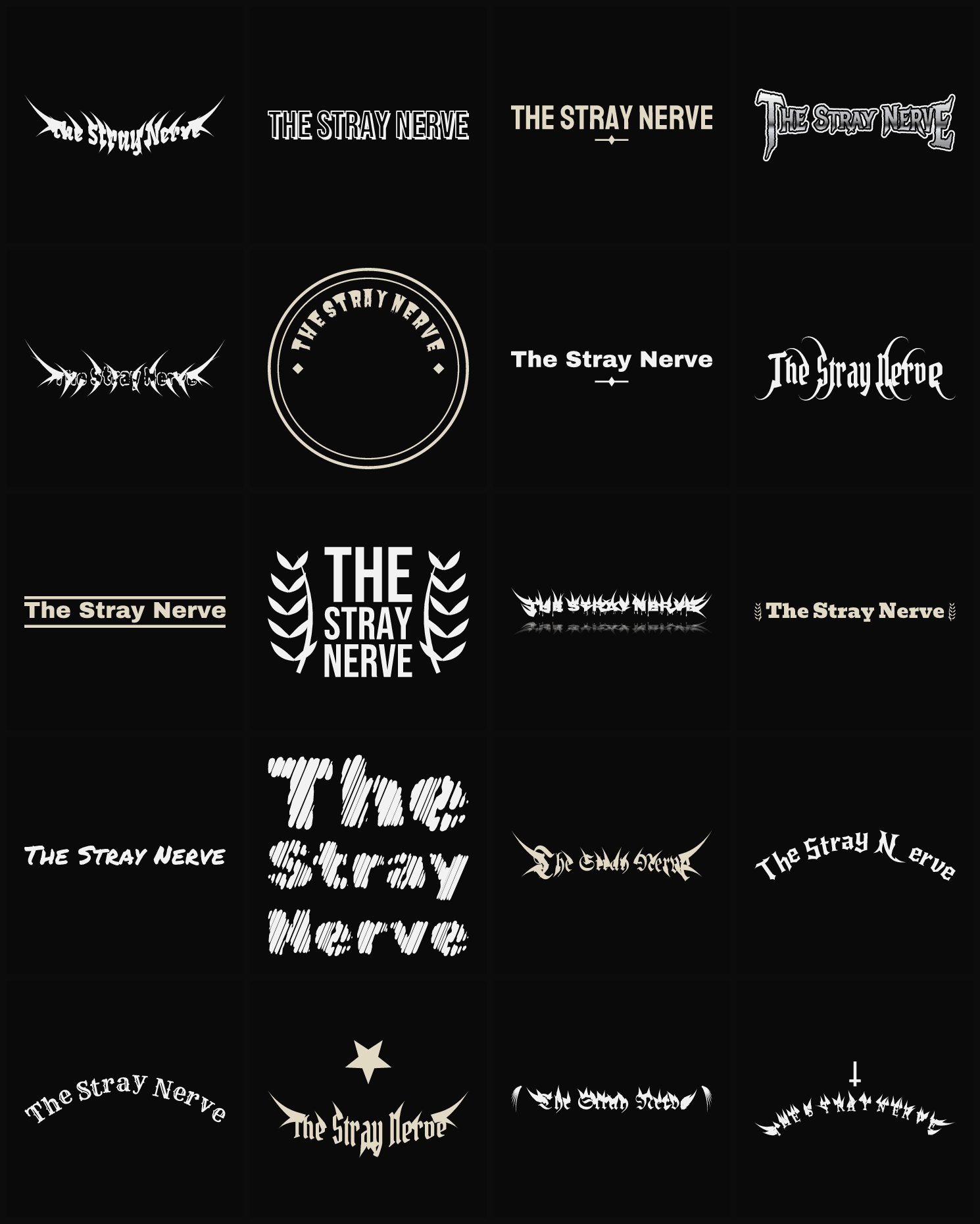 Twenty The Stray Nerve band logo ideas — different faces, treatments and spike settings