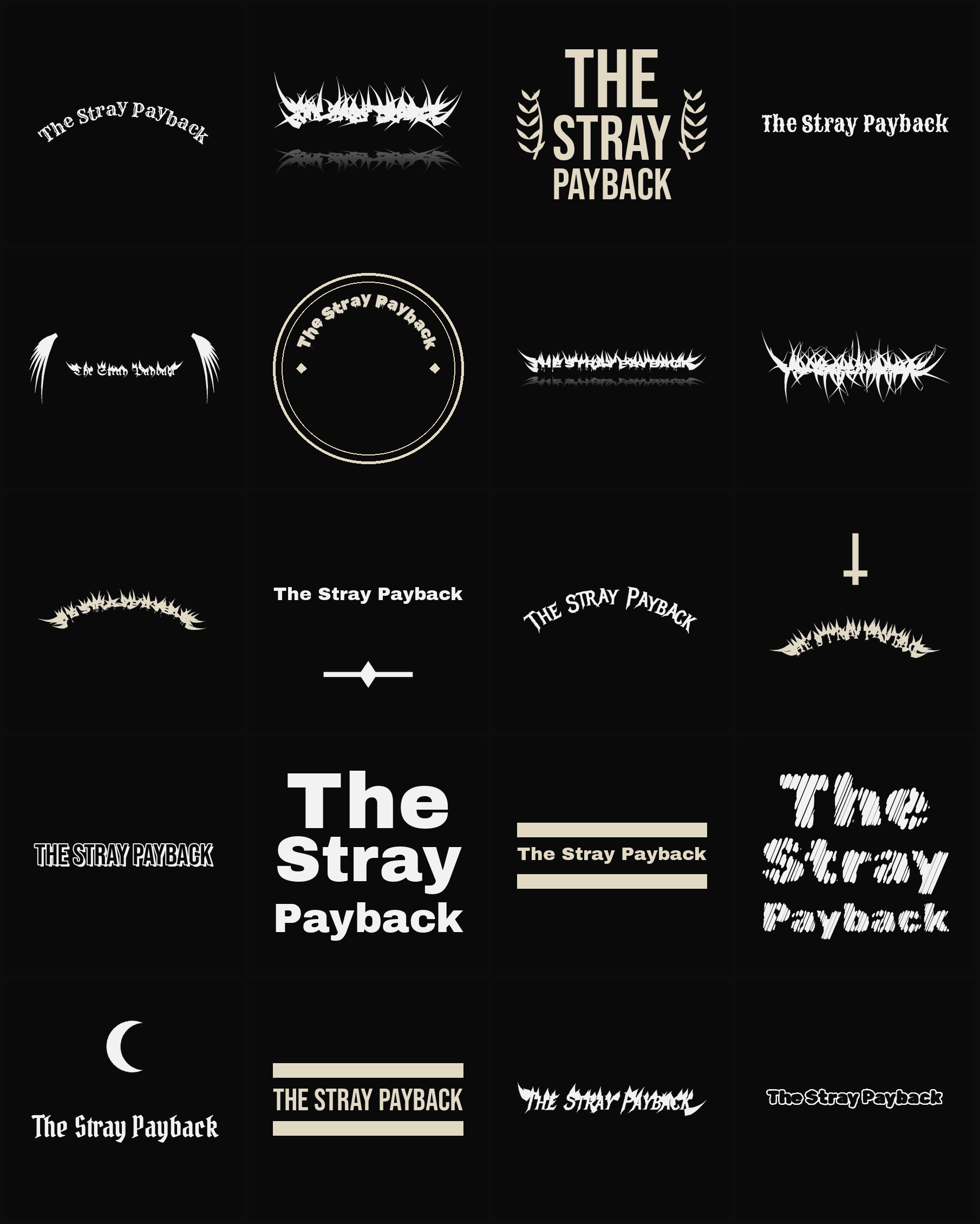 Twenty The Stray Payback band logo ideas — different faces, treatments and spike settings