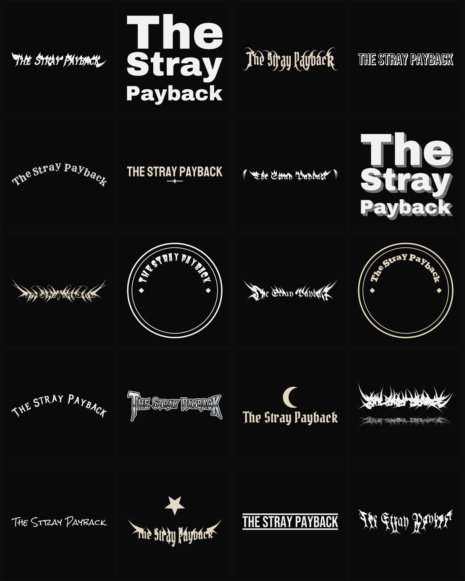 Twenty The Stray Payback band logo ideas — different faces, treatments and spike settings