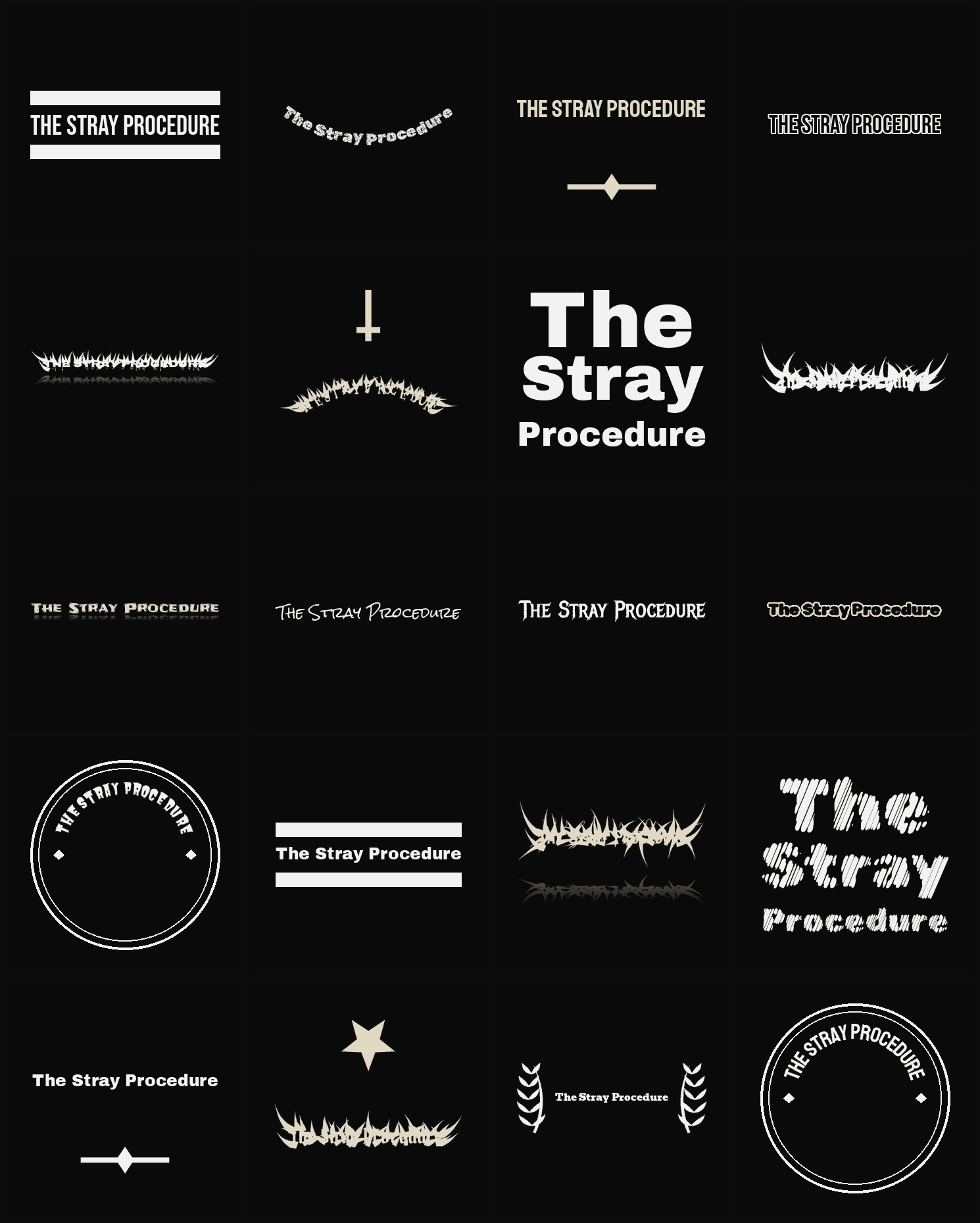 Twenty The Stray Procedure band logo ideas — different faces, treatments and spike settings