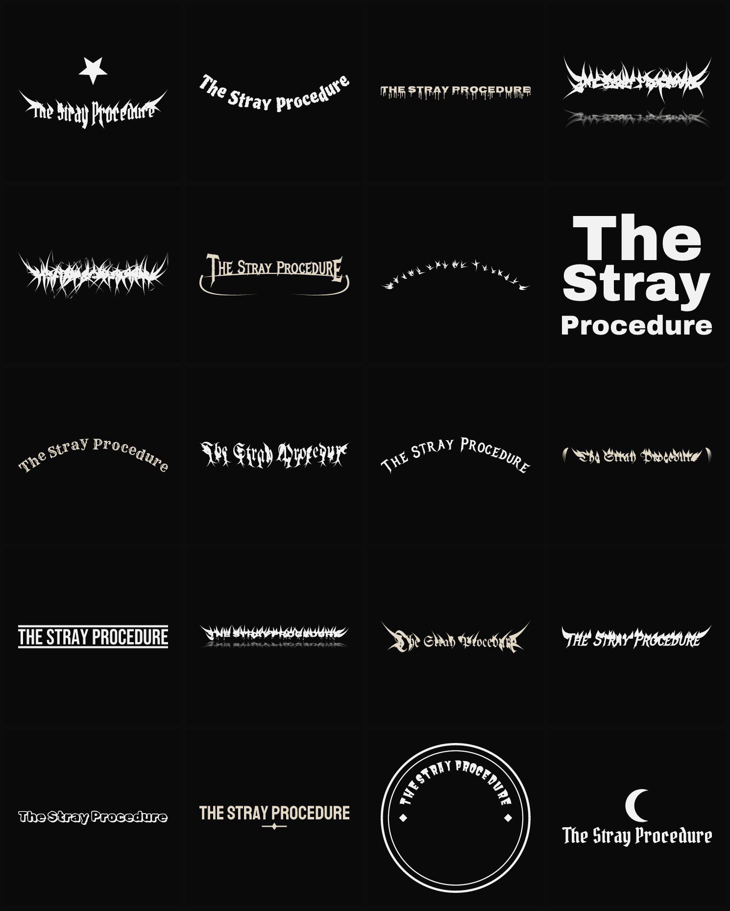 Twenty The Stray Procedure band logo ideas — different faces, treatments and spike settings