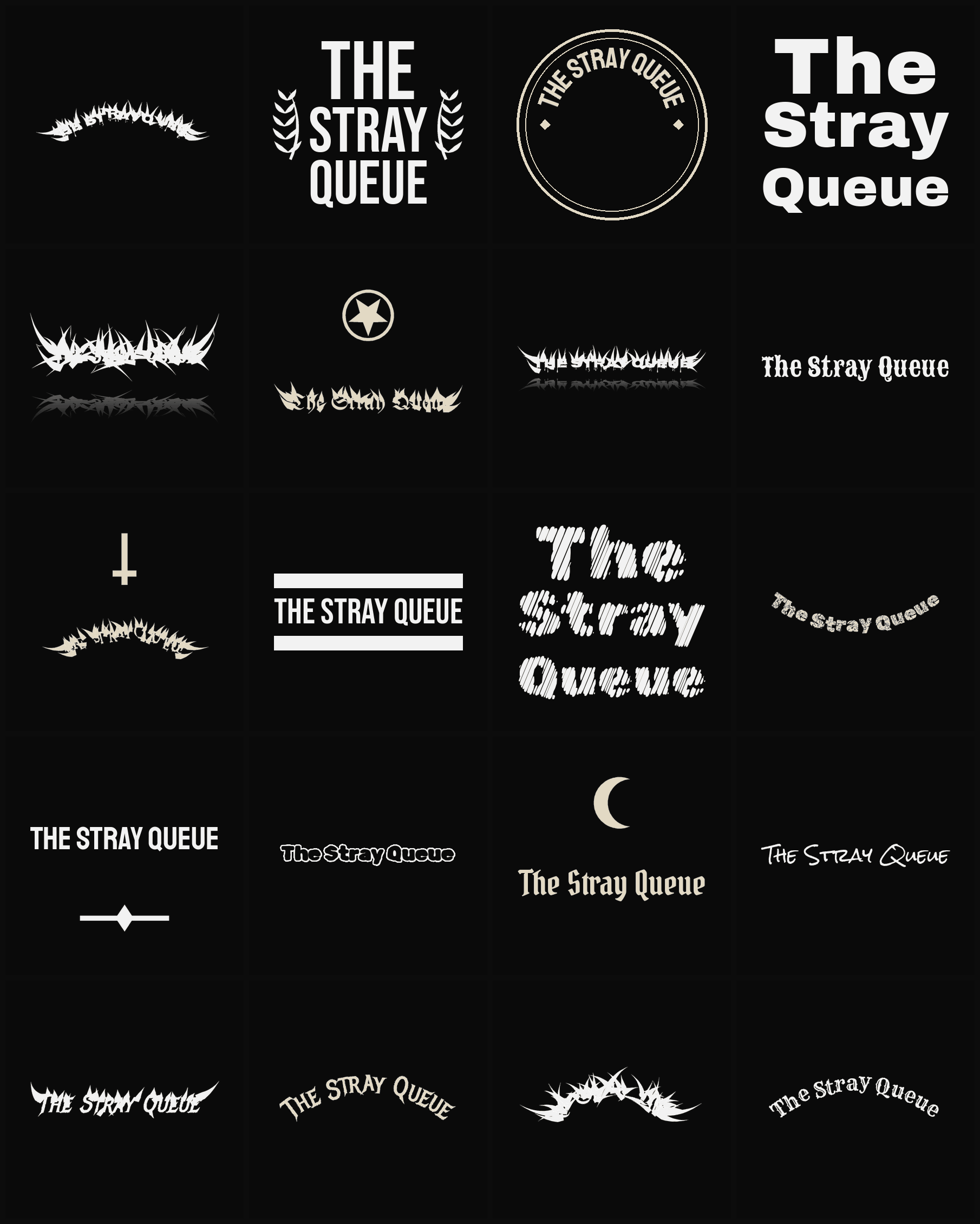 Twenty The Stray Queue band logo ideas — different faces, treatments and spike settings
