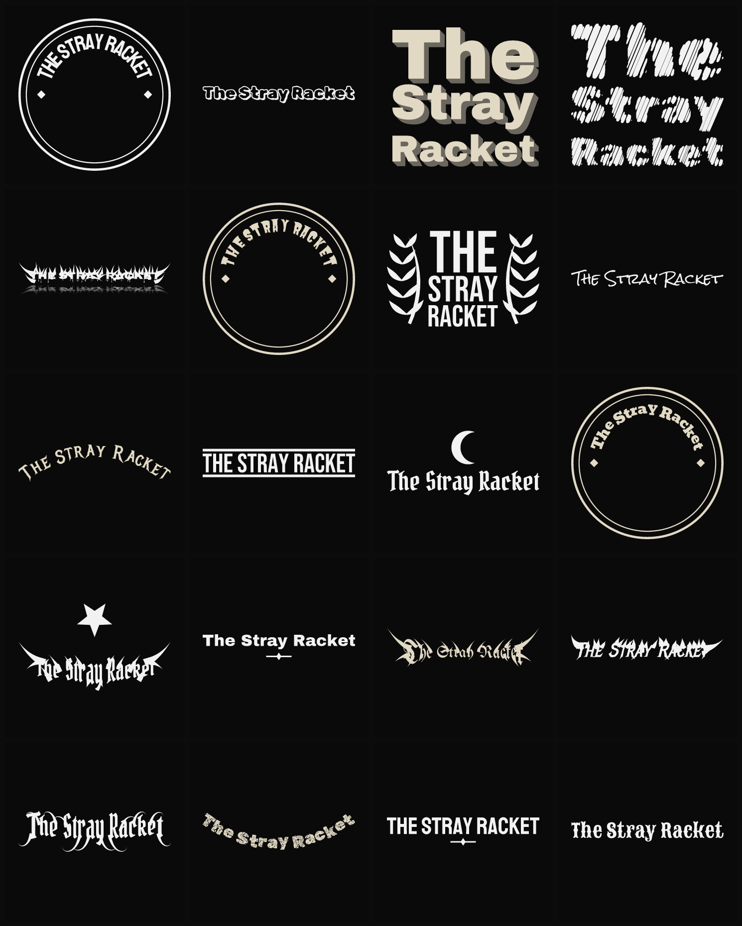 Twenty The Stray Racket band logo ideas — different faces, treatments and spike settings
