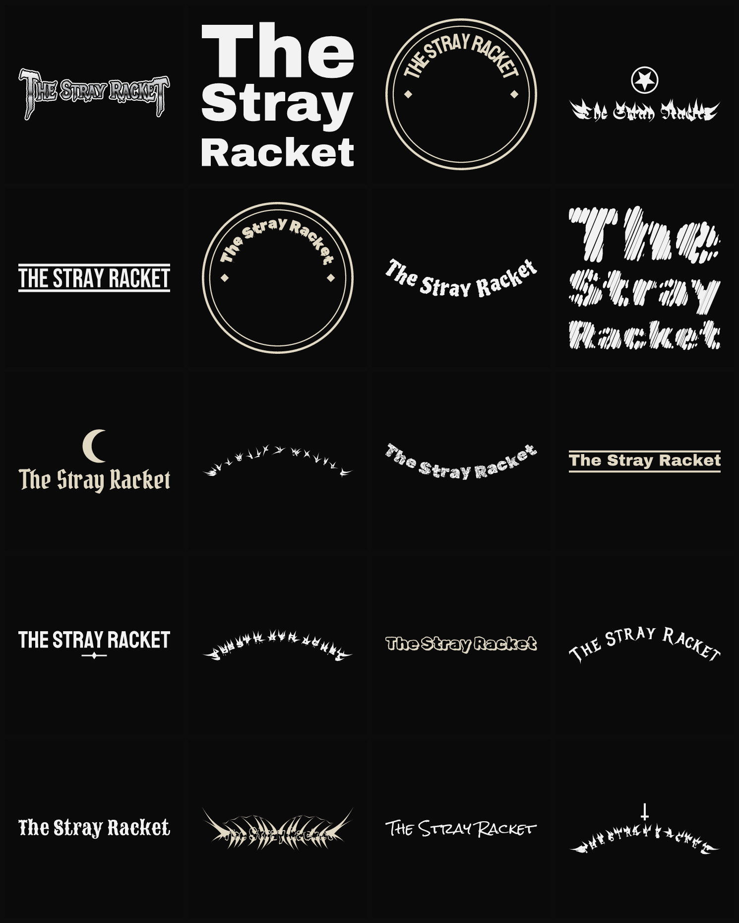 Twenty The Stray Racket band logo ideas — different faces, treatments and spike settings