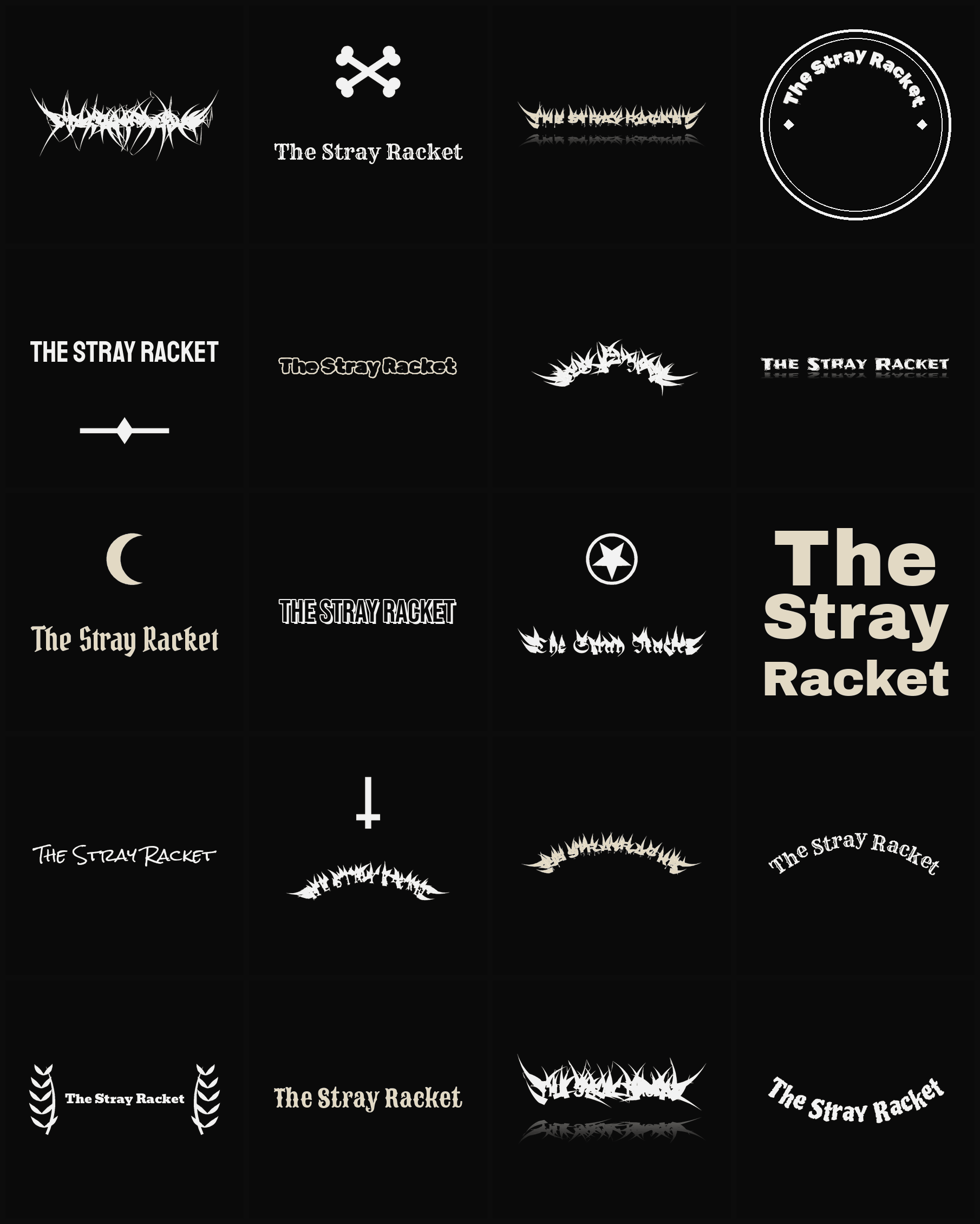 Twenty The Stray Racket band logo ideas — different faces, treatments and spike settings