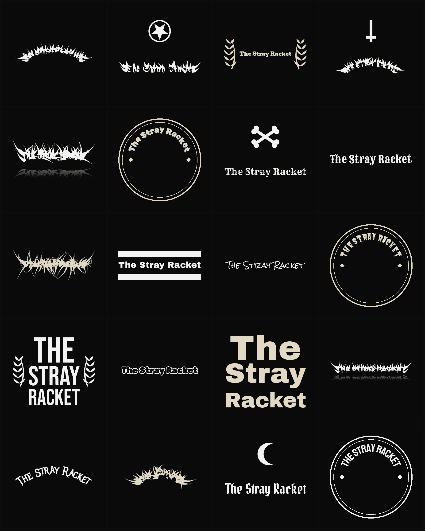 Twenty The Stray Racket band logo ideas — different faces, treatments and spike settings