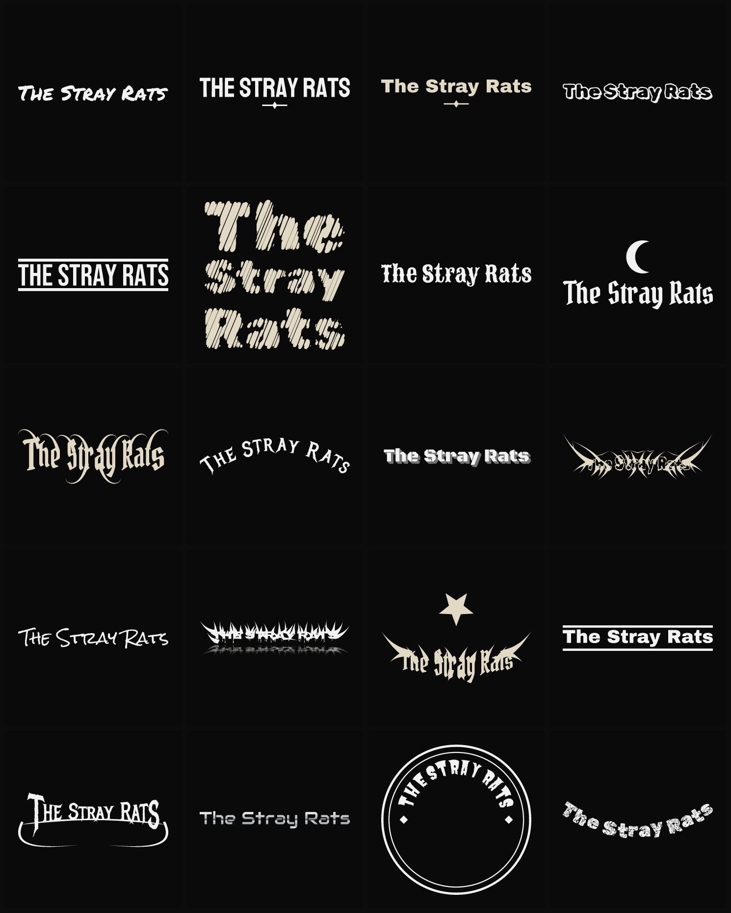 Twenty The Stray Rats band logo ideas — different faces, treatments and spike settings