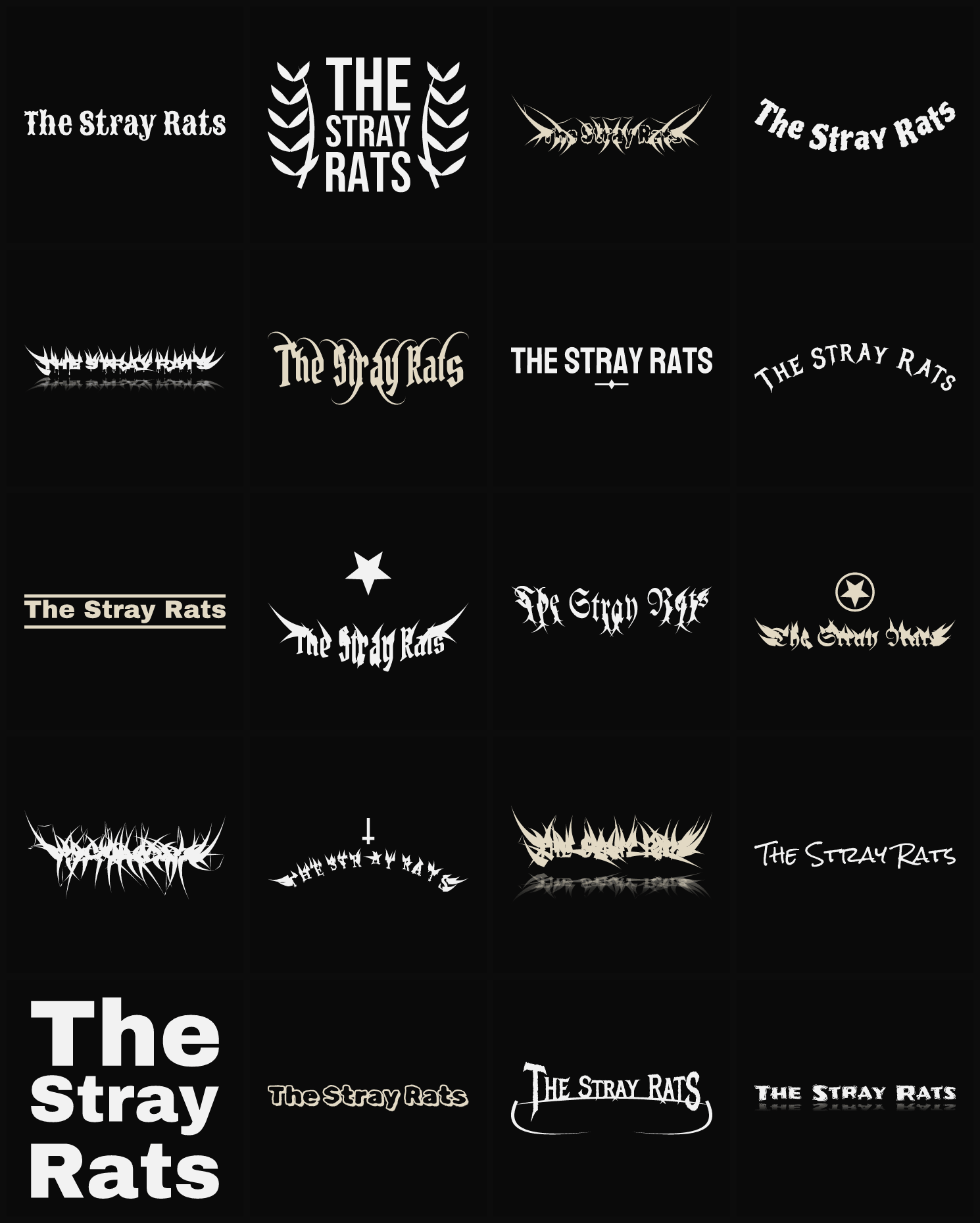 Twenty The Stray Rats band logo ideas — different faces, treatments and spike settings