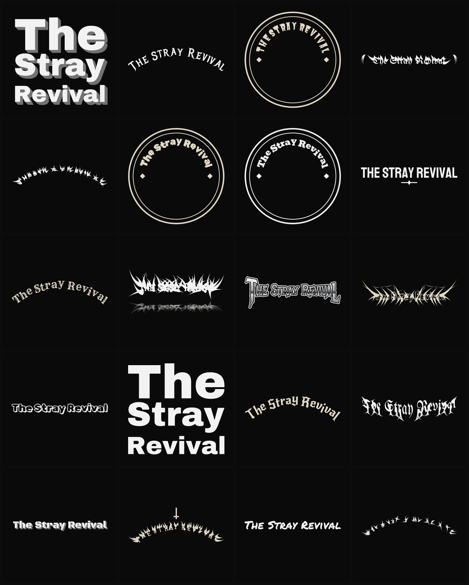Twenty The Stray Revival band logo ideas — different faces, treatments and spike settings