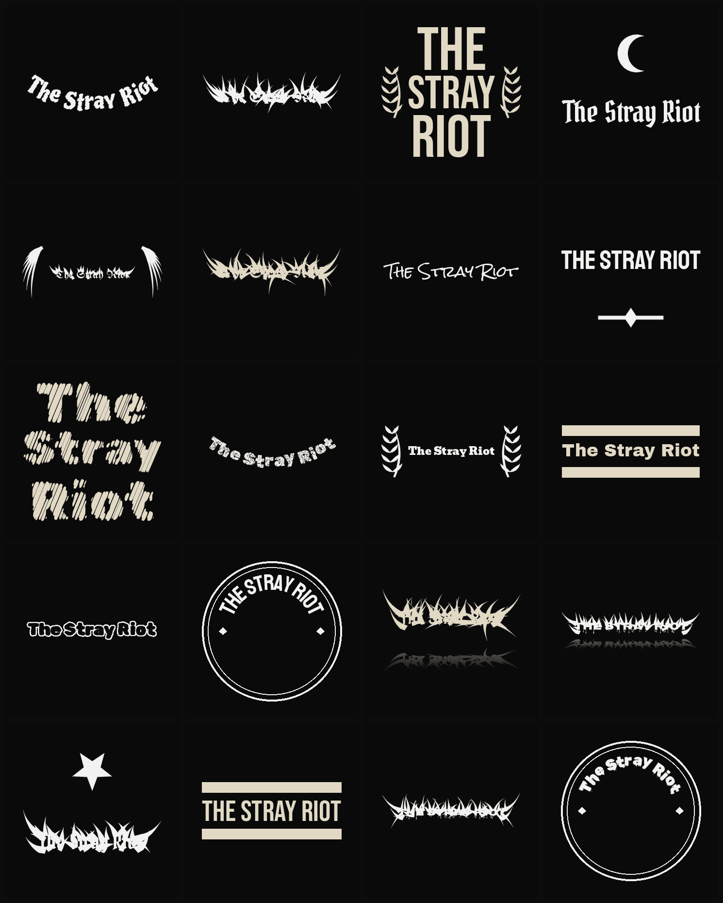 Twenty The Stray Riot band logo ideas — different faces, treatments and spike settings