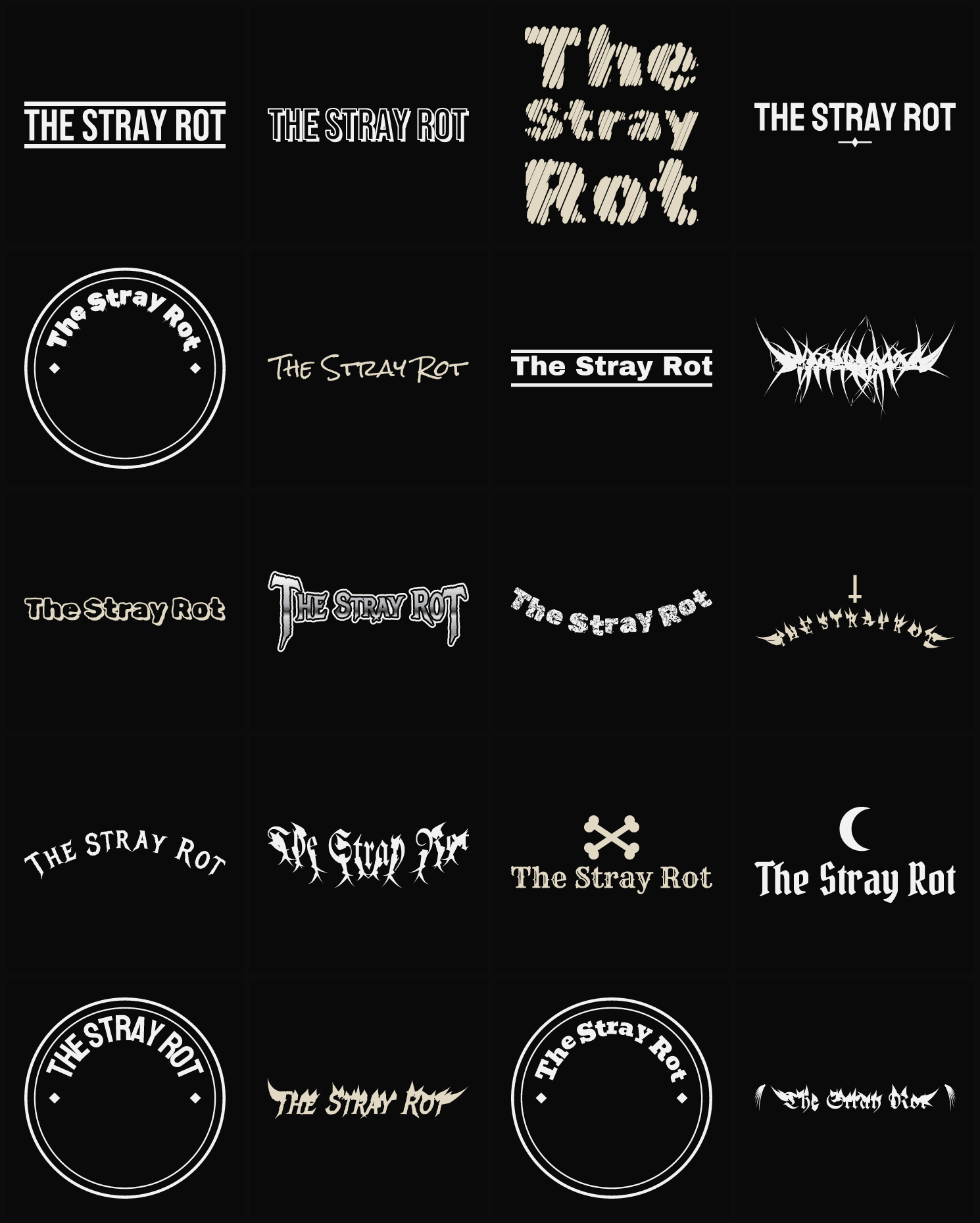 Twenty The Stray Rot band logo ideas — different faces, treatments and spike settings