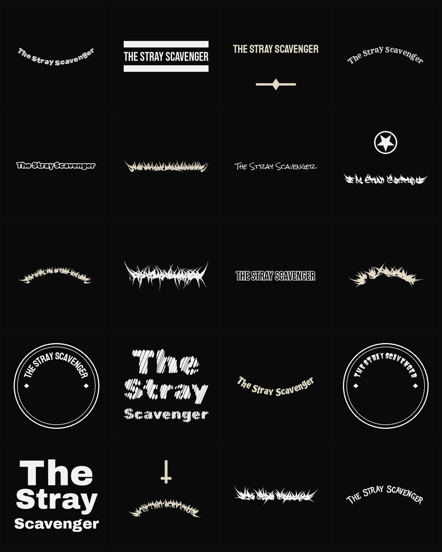 Twenty The Stray Scavenger band logo ideas — different faces, treatments and spike settings
