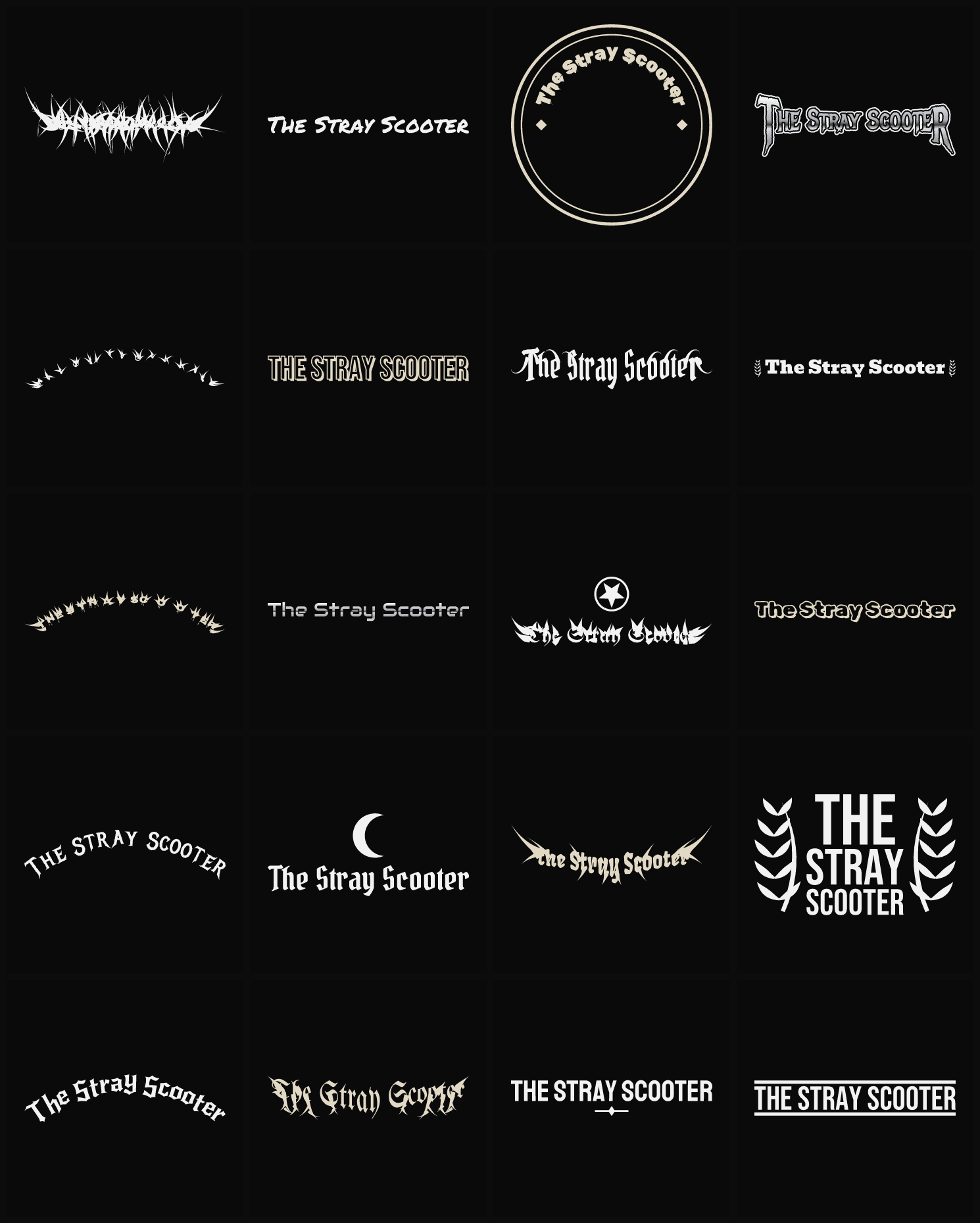 Twenty The Stray Scooter band logo ideas — different faces, treatments and spike settings
