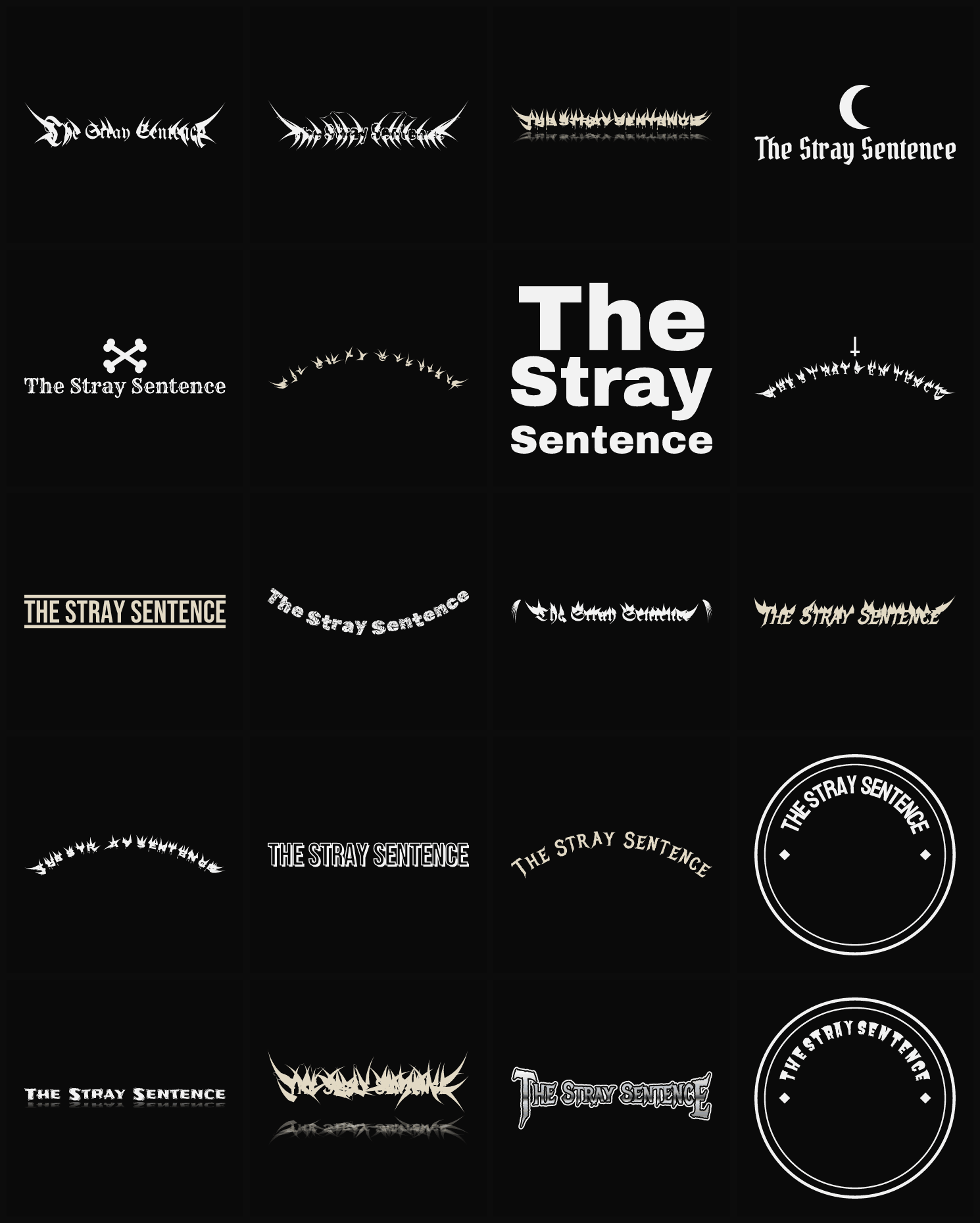 Twenty The Stray Sentence band logo ideas — different faces, treatments and spike settings
