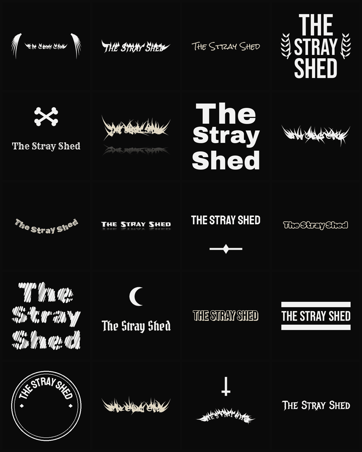 Twenty The Stray Shed band logo ideas — different faces, treatments and spike settings