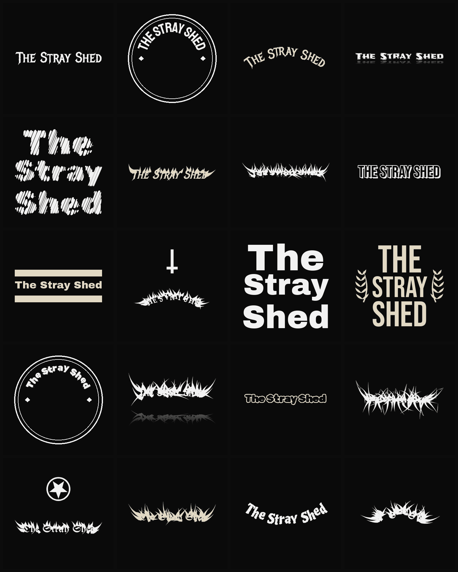 Twenty The Stray Shed band logo ideas — different faces, treatments and spike settings