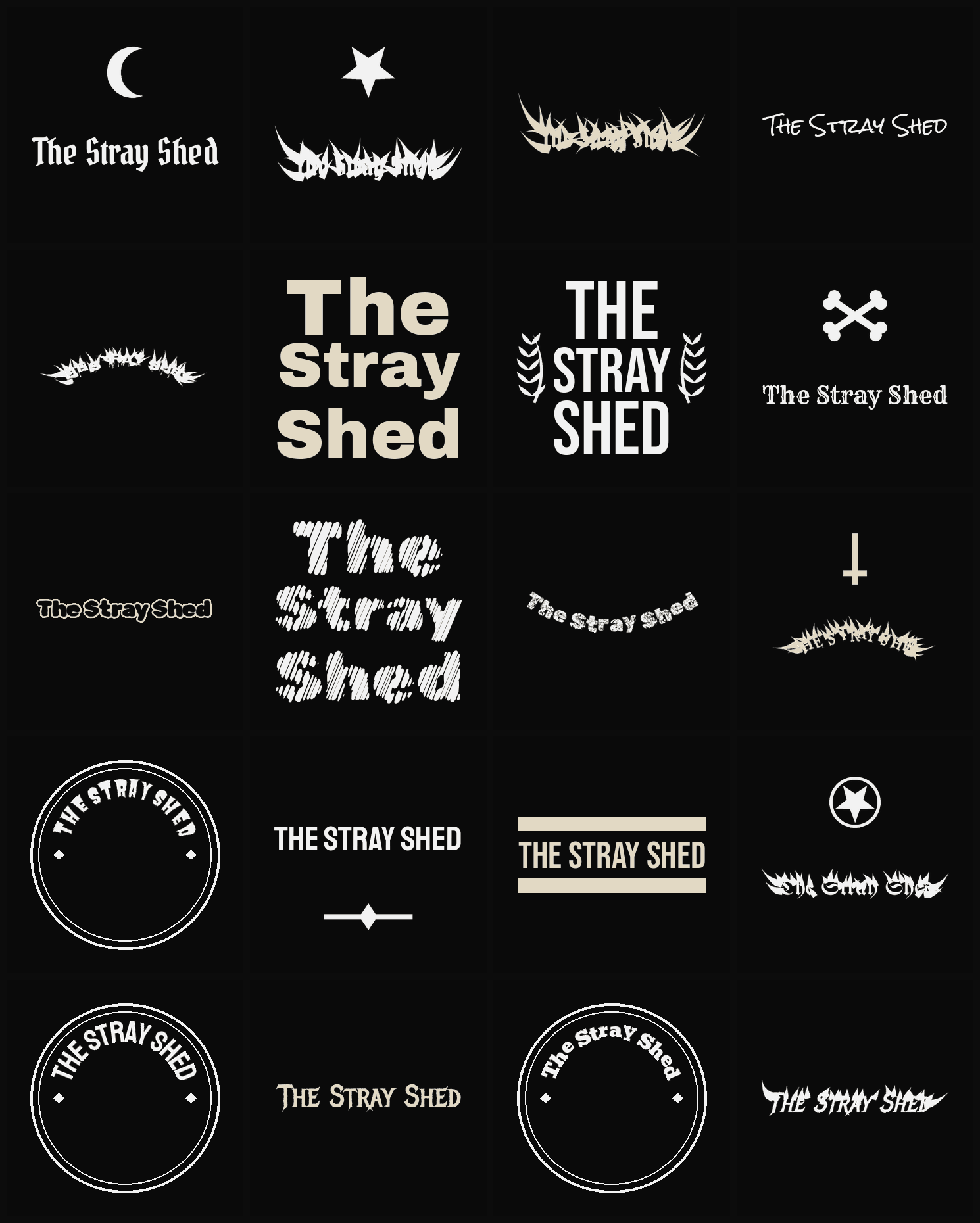 Twenty The Stray Shed band logo ideas — different faces, treatments and spike settings