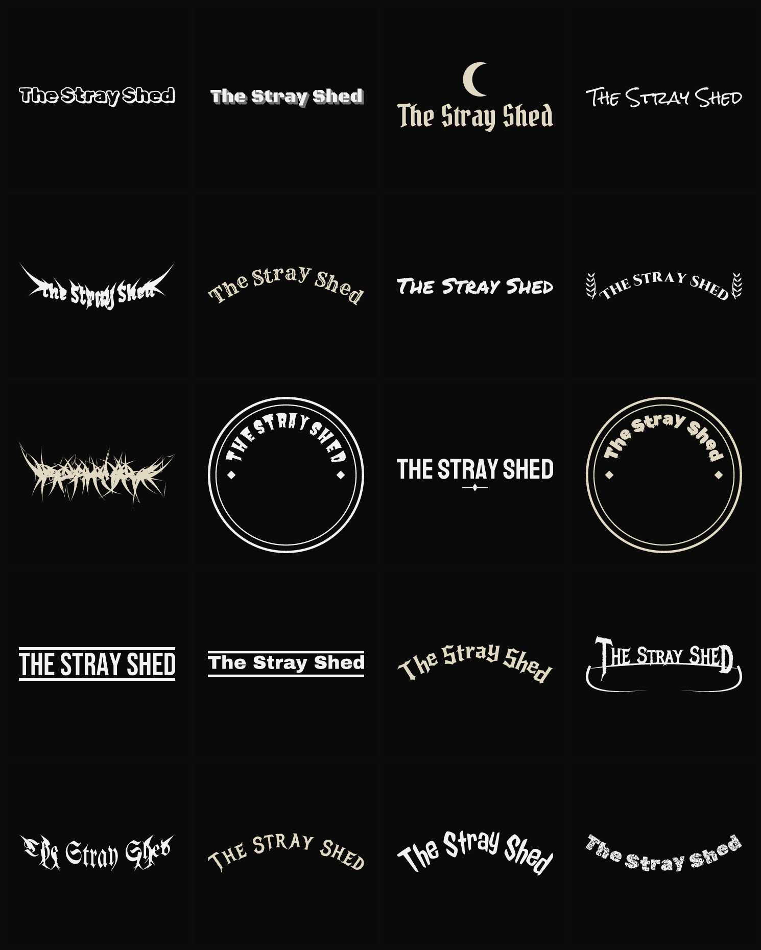 Twenty The Stray Shed band logo ideas — different faces, treatments and spike settings