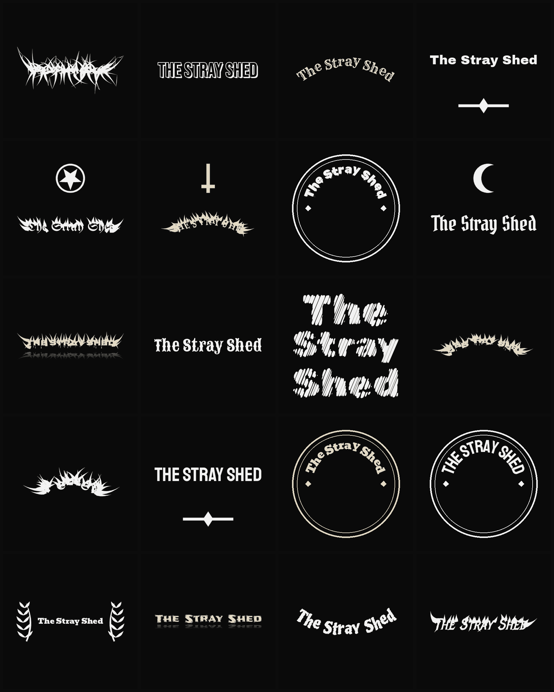 Twenty The Stray Shed band logo ideas — different faces, treatments and spike settings