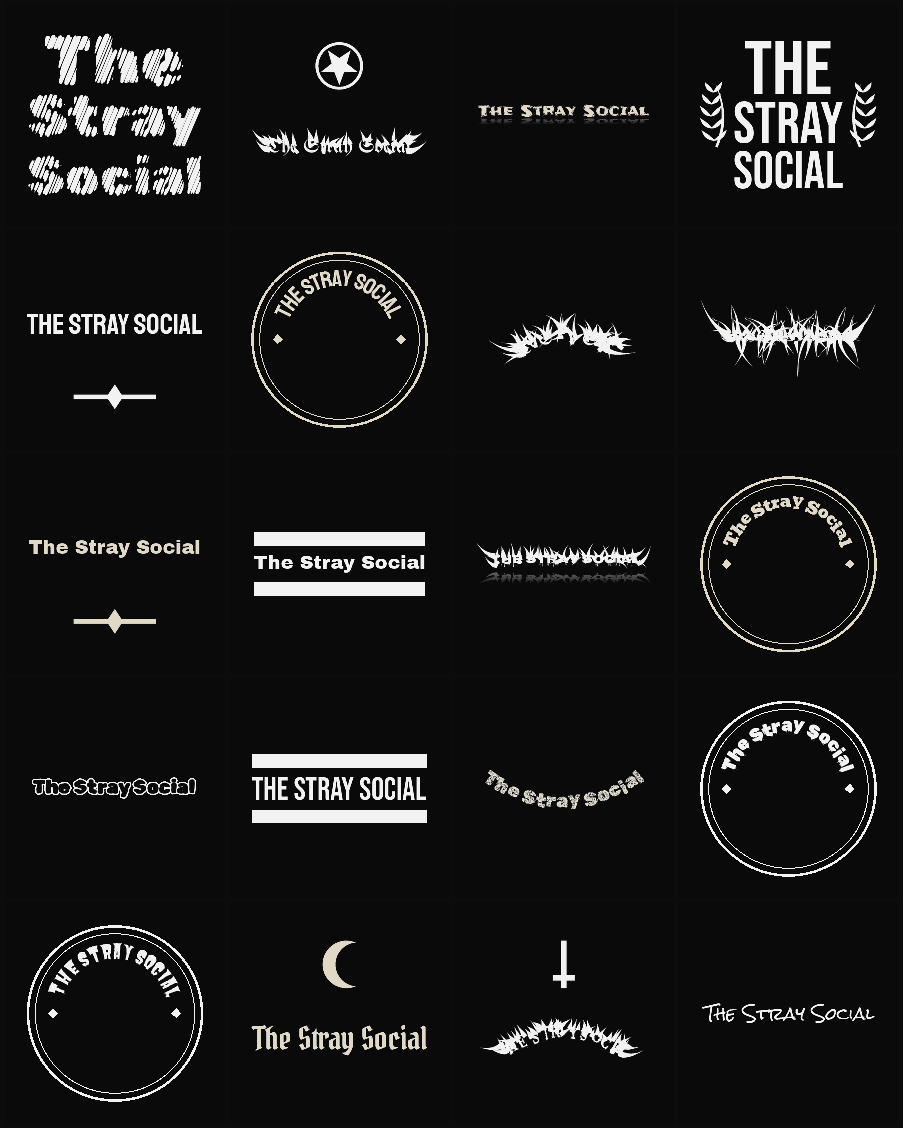 Twenty The Stray Social band logo ideas — different faces, treatments and spike settings