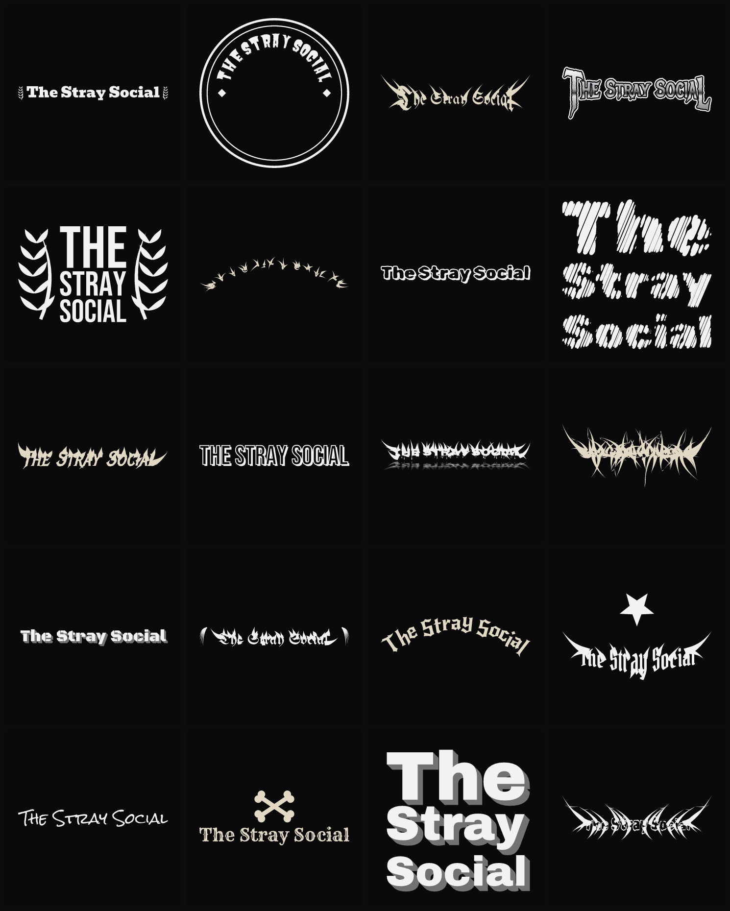 Twenty The Stray Social band logo ideas — different faces, treatments and spike settings