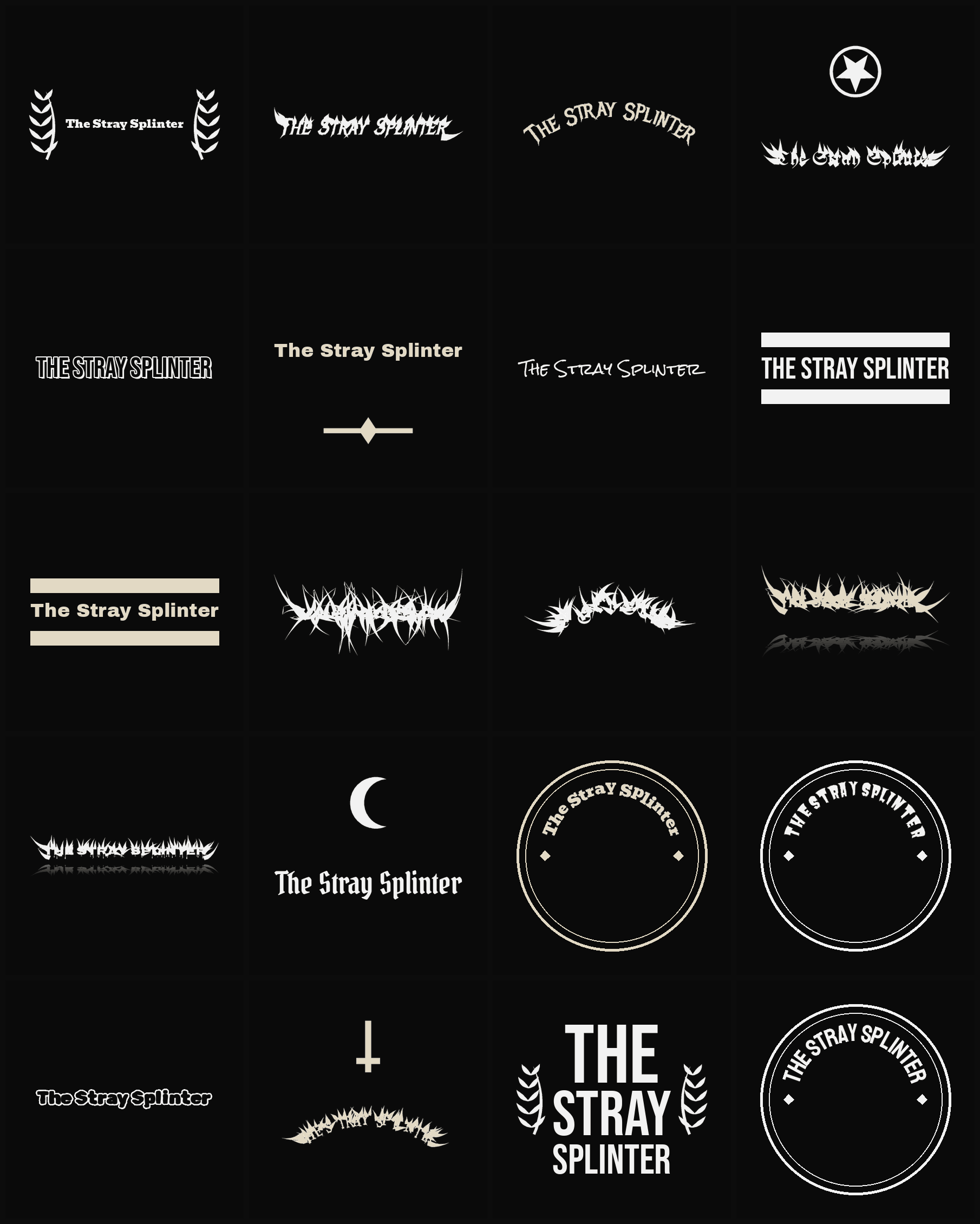 Twenty The Stray Splinter band logo ideas — different faces, treatments and spike settings