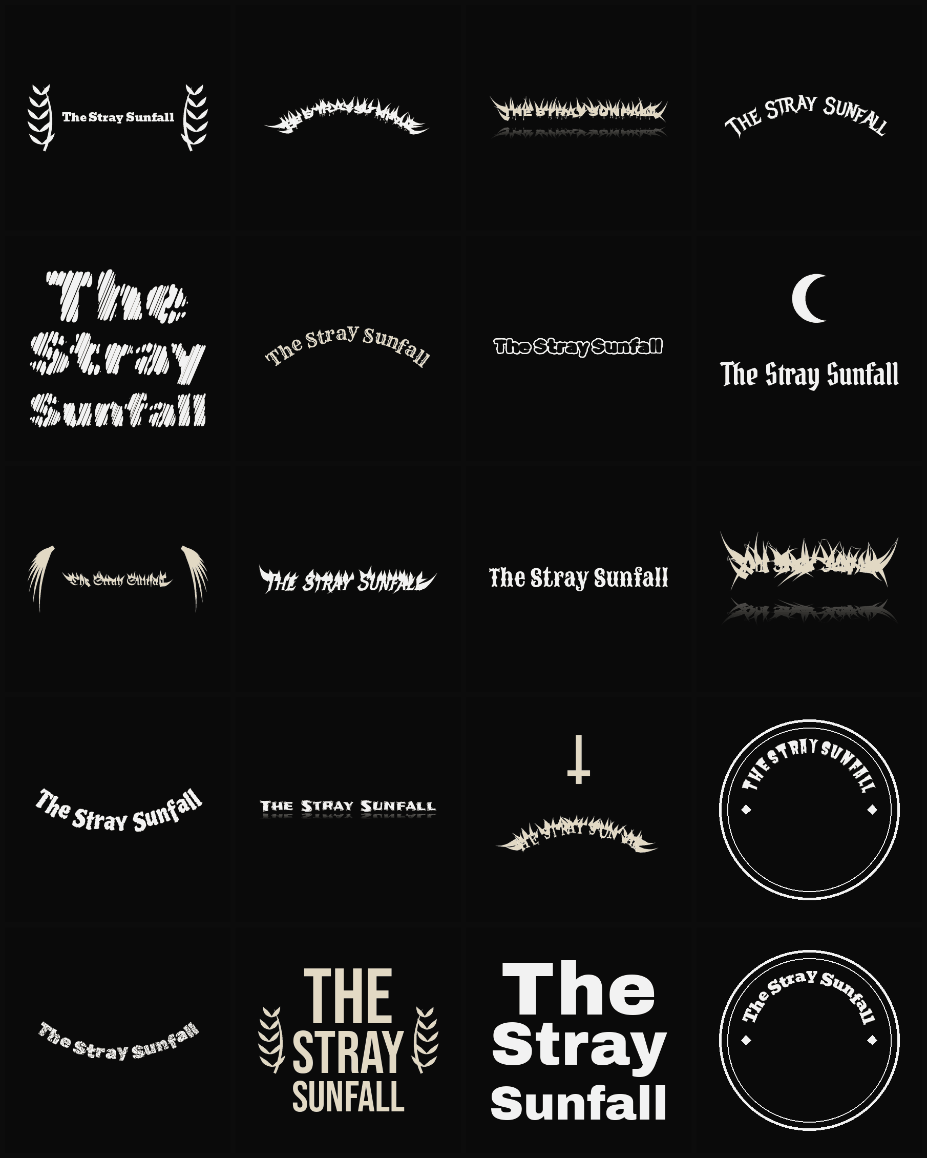 Twenty The Stray Sunfall band logo ideas — different faces, treatments and spike settings