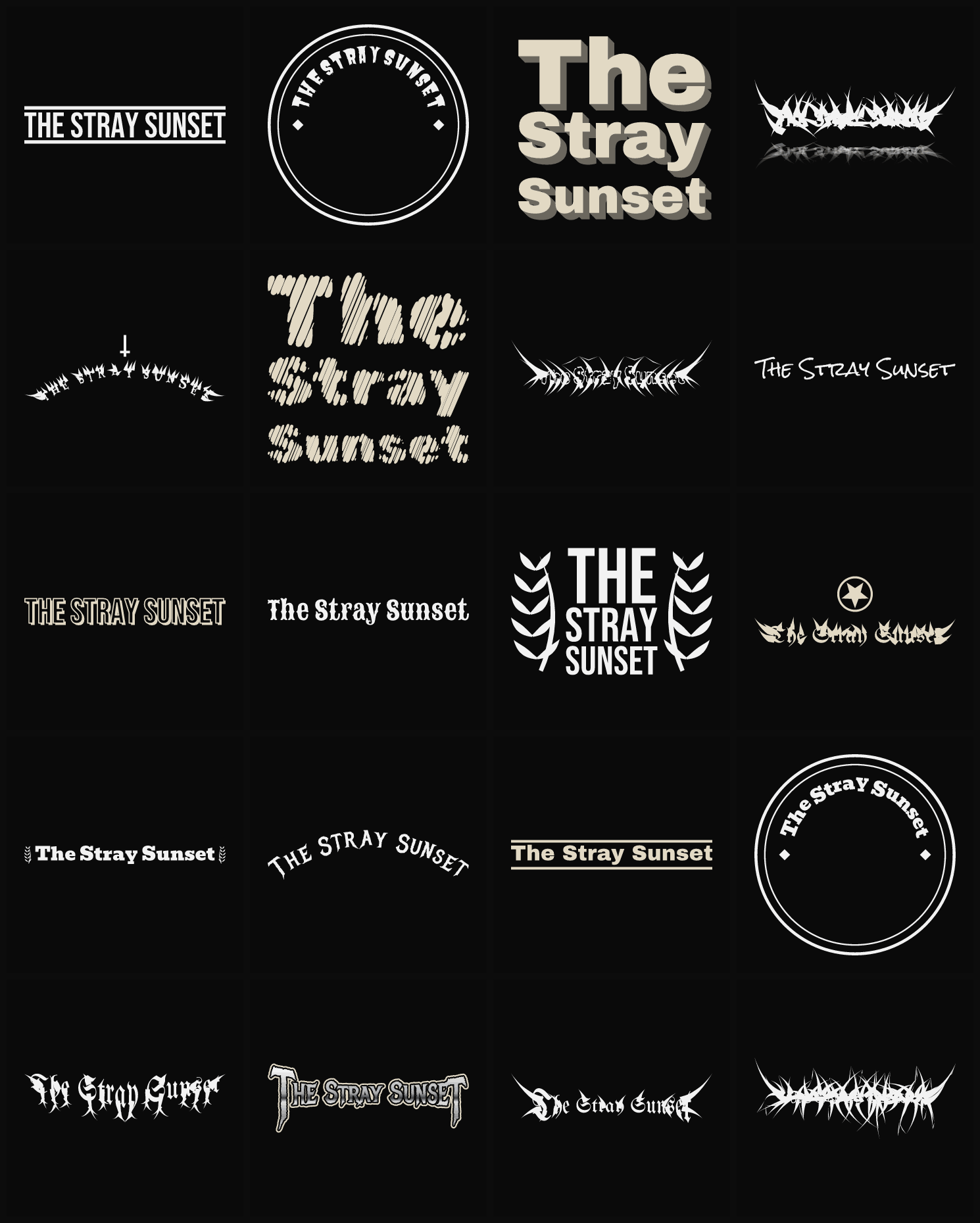 Twenty The Stray Sunset band logo ideas — different faces, treatments and spike settings