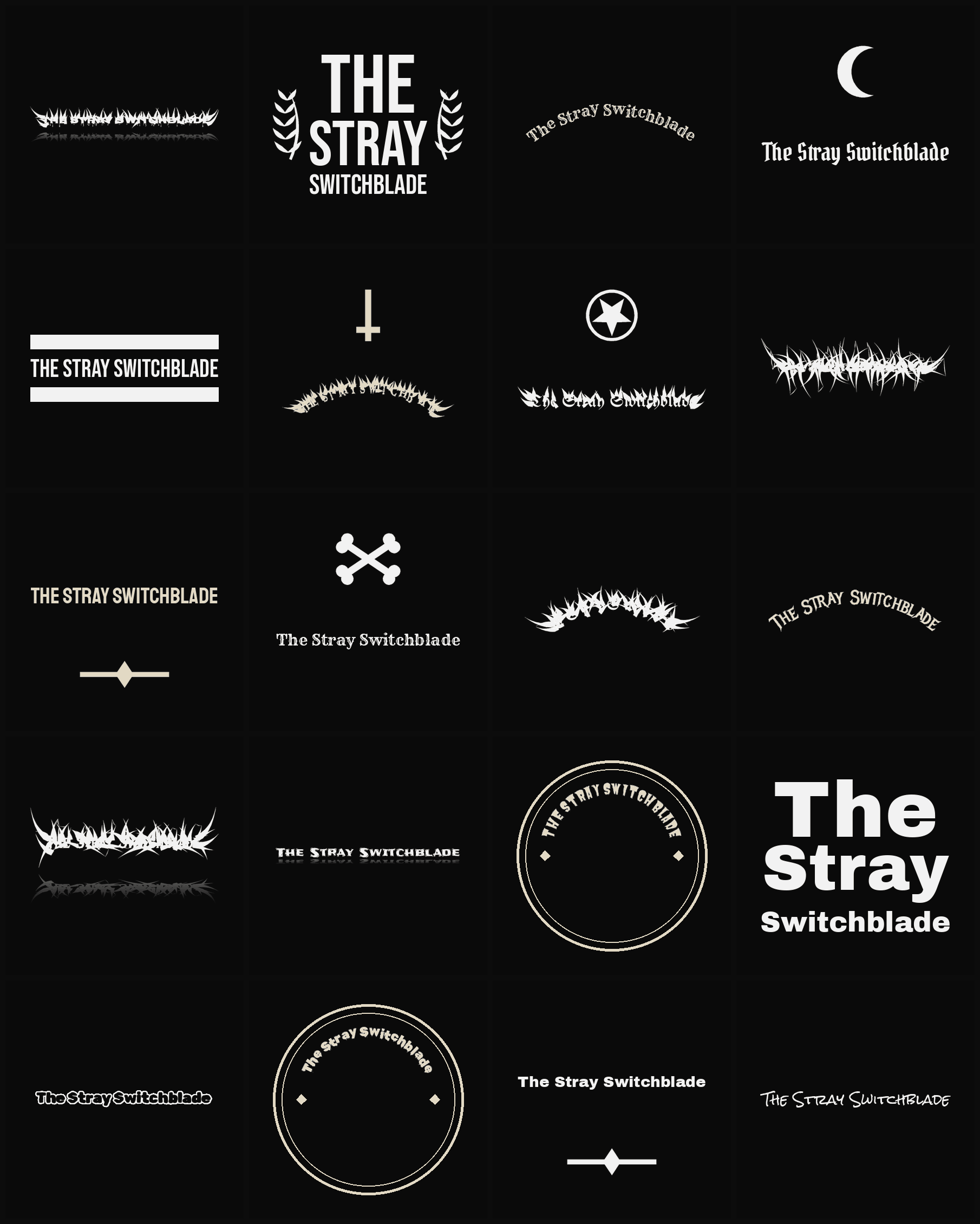 Twenty The Stray Switchblade band logo ideas — different faces, treatments and spike settings