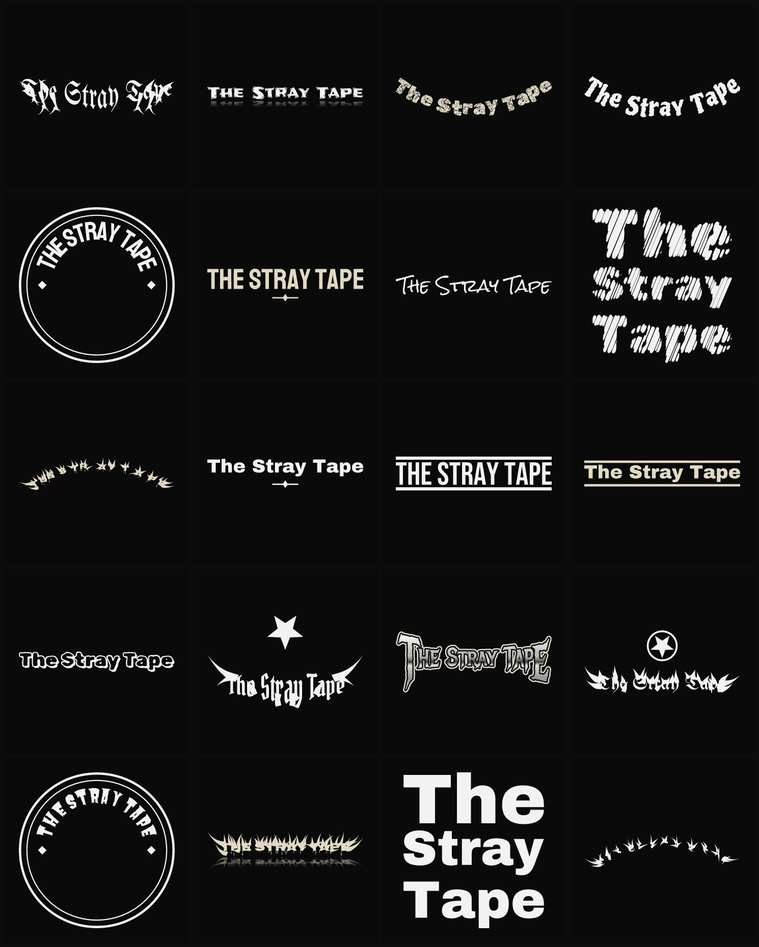Twenty The Stray Tape band logo ideas — different faces, treatments and spike settings