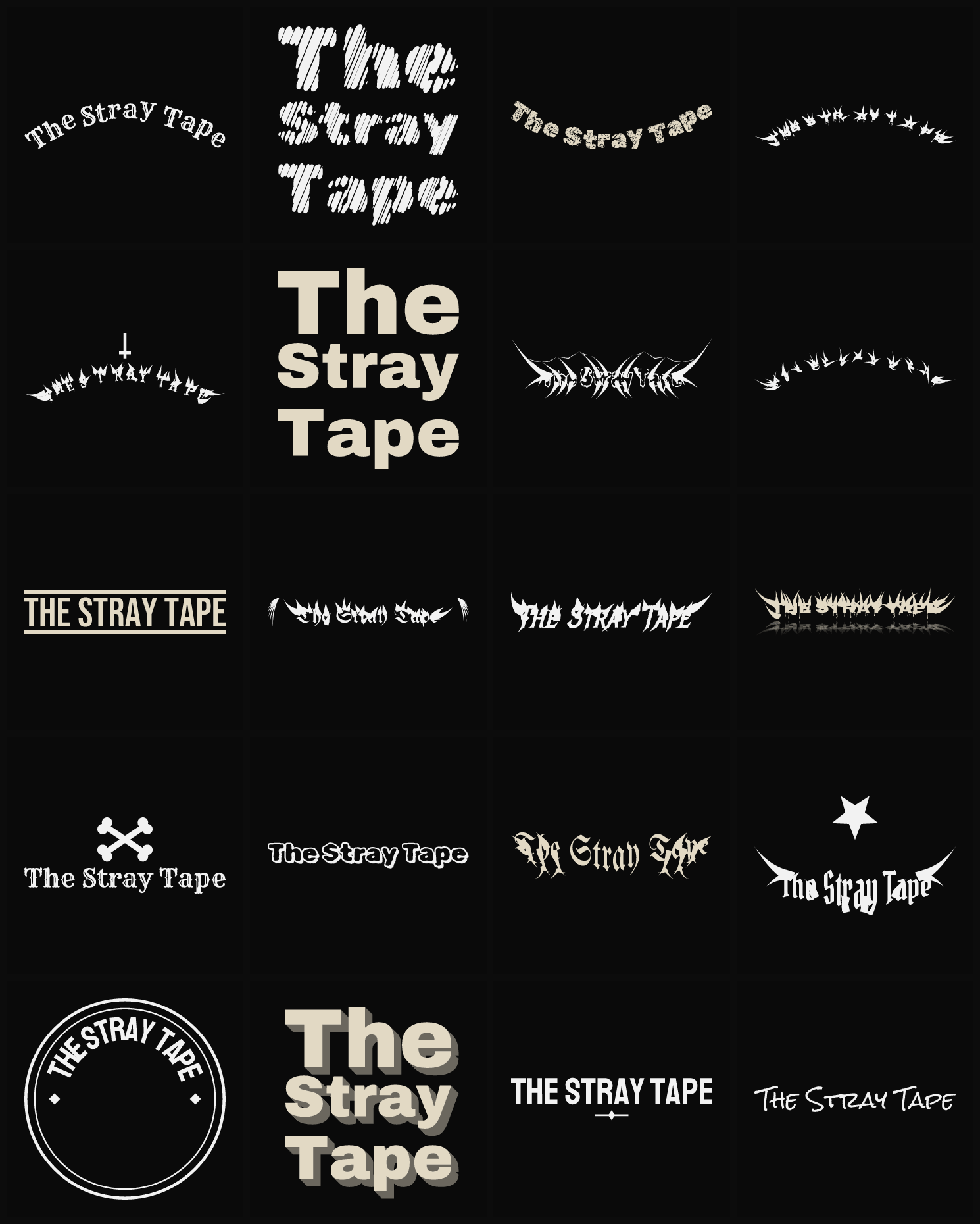 Twenty The Stray Tape band logo ideas — different faces, treatments and spike settings
