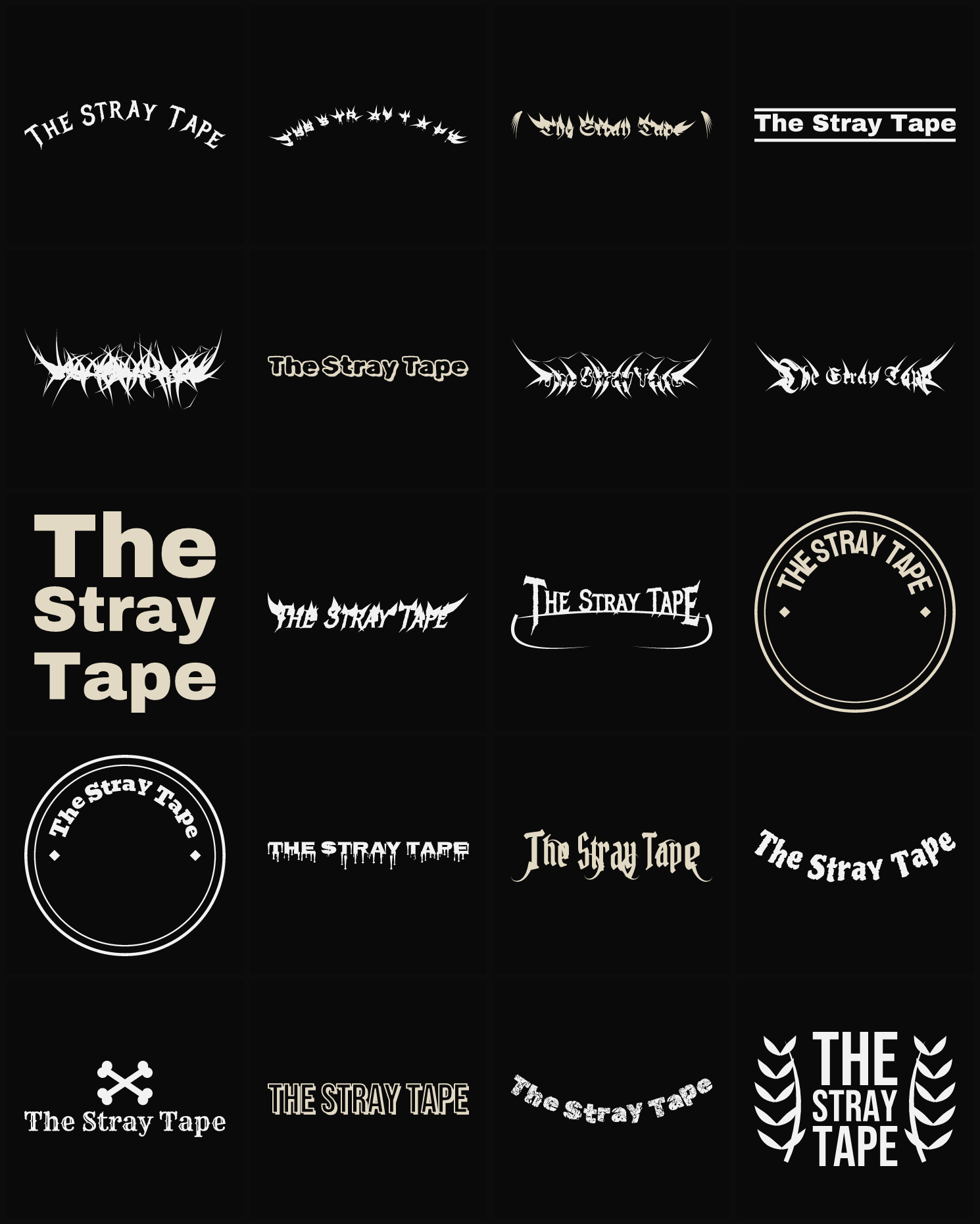 Twenty The Stray Tape band logo ideas — different faces, treatments and spike settings