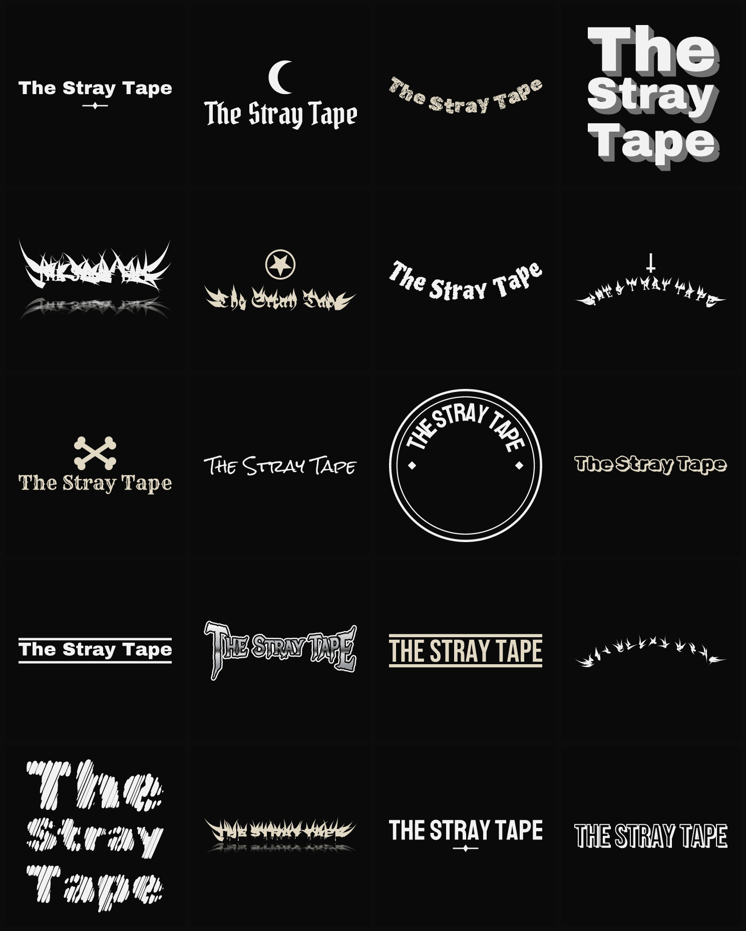 Twenty The Stray Tape band logo ideas — different faces, treatments and spike settings
