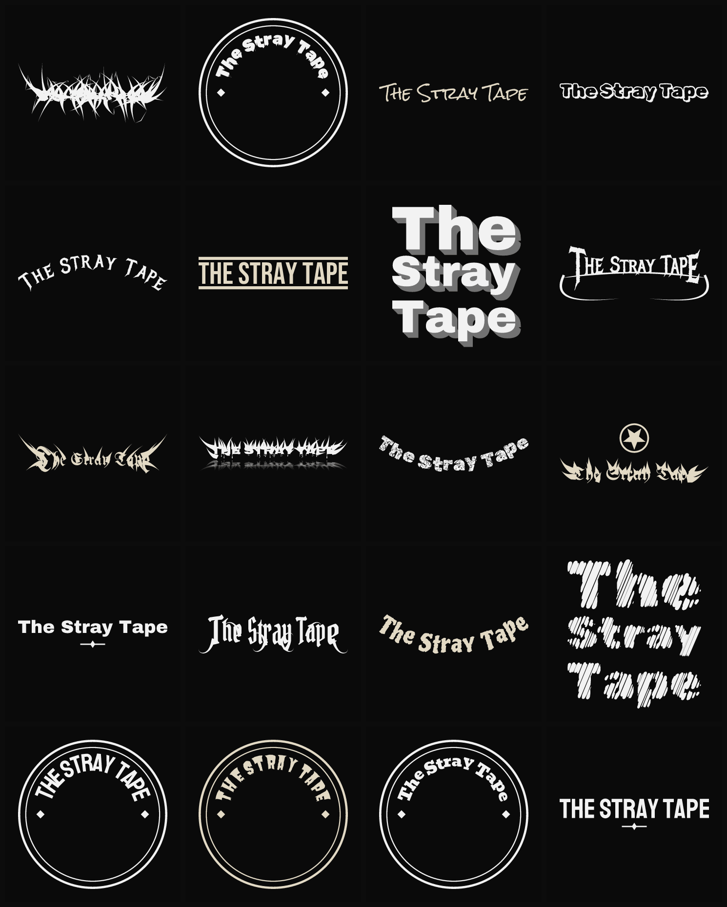Twenty The Stray Tape band logo ideas — different faces, treatments and spike settings