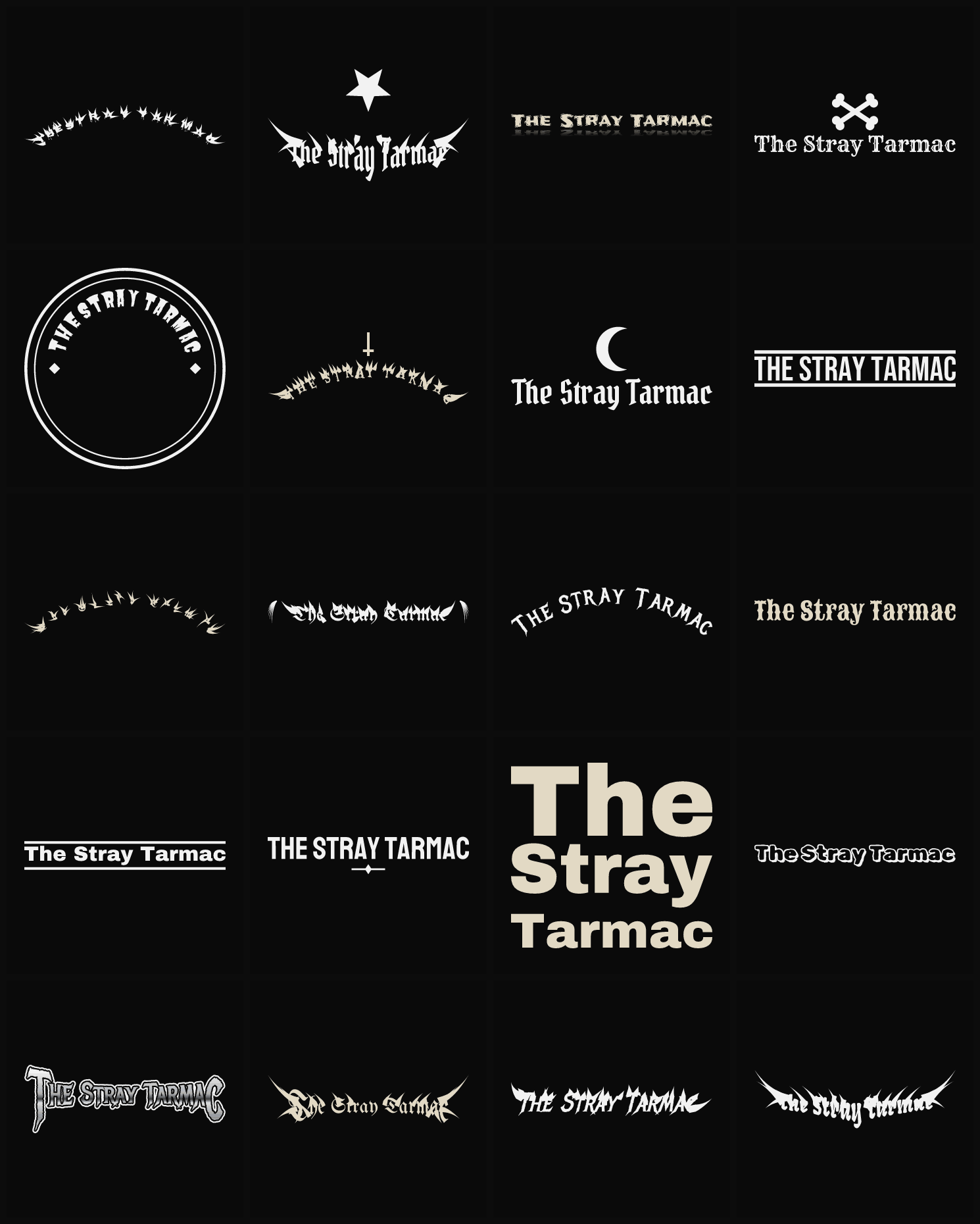Twenty The Stray Tarmac band logo ideas — different faces, treatments and spike settings