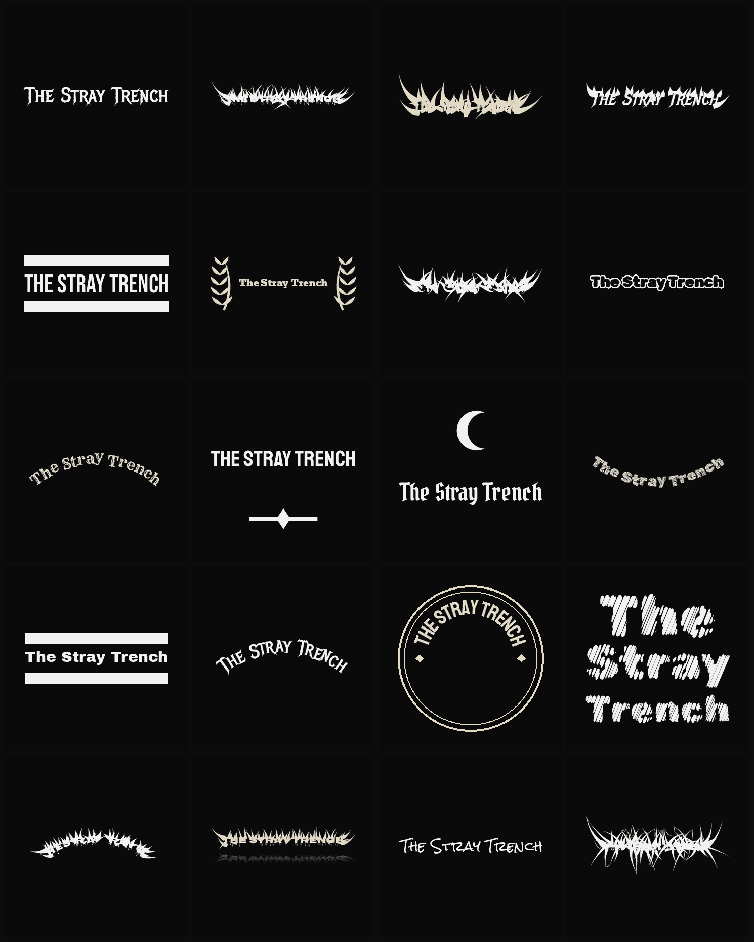 Twenty The Stray Trench band logo ideas — different faces, treatments and spike settings