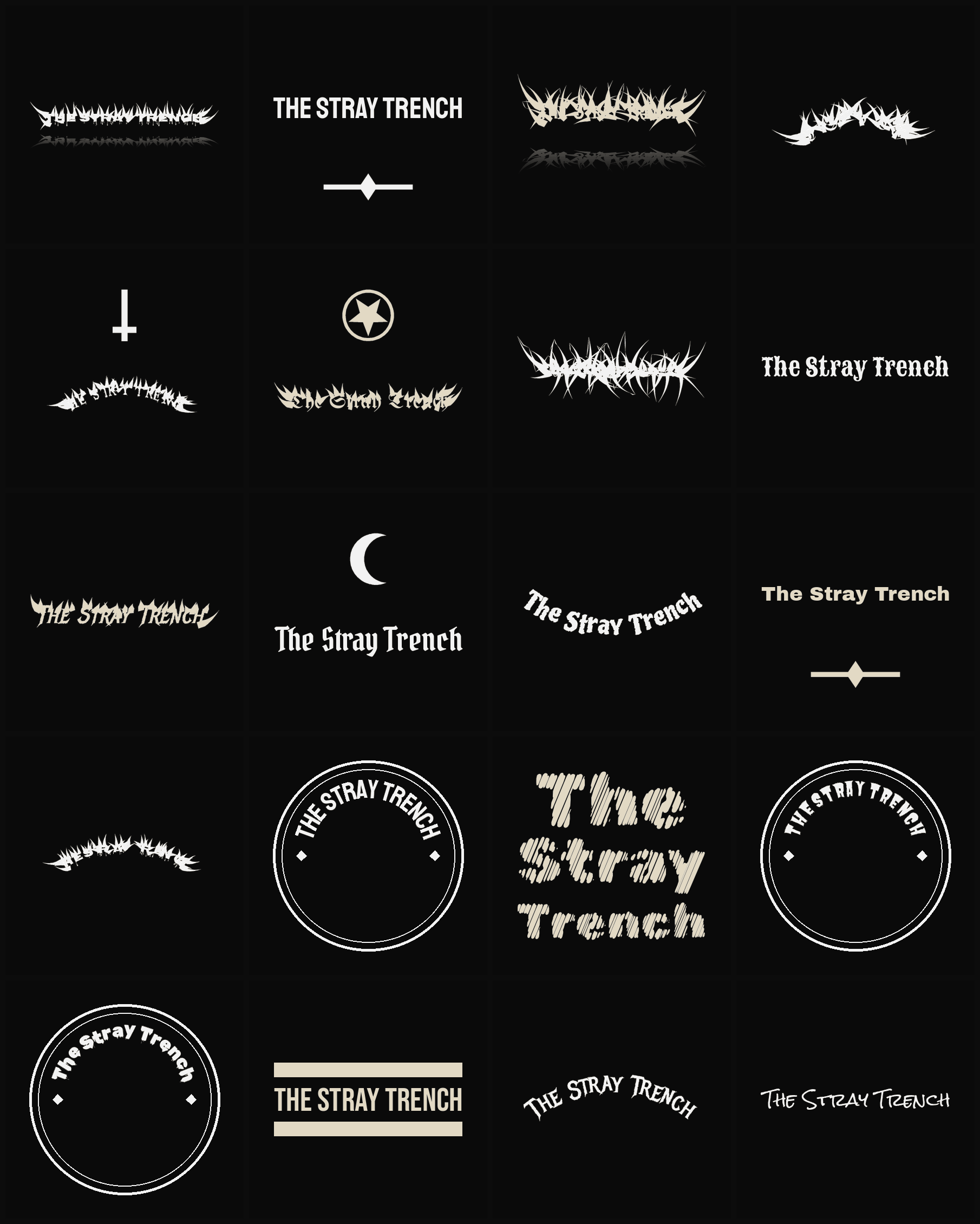Twenty The Stray Trench band logo ideas — different faces, treatments and spike settings