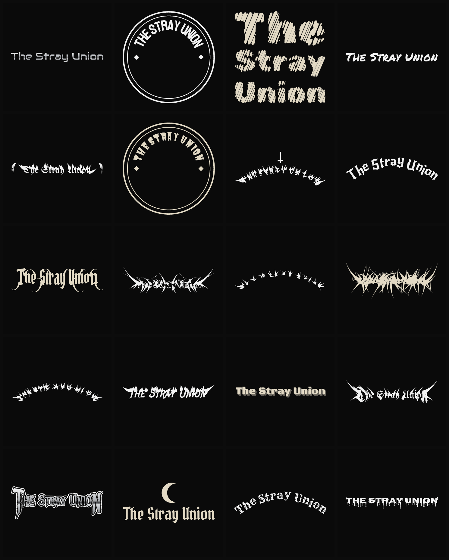 Twenty The Stray Union band logo ideas — different faces, treatments and spike settings