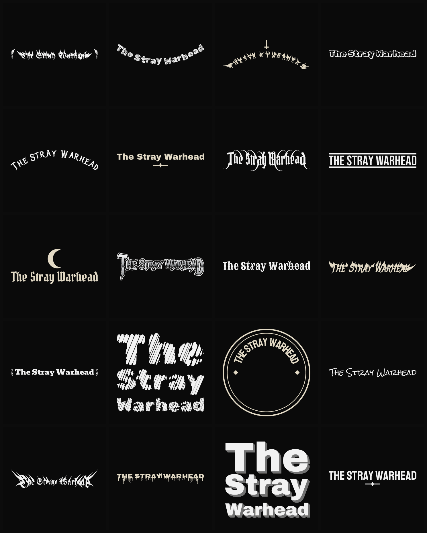 Twenty The Stray Warhead band logo ideas — different faces, treatments and spike settings