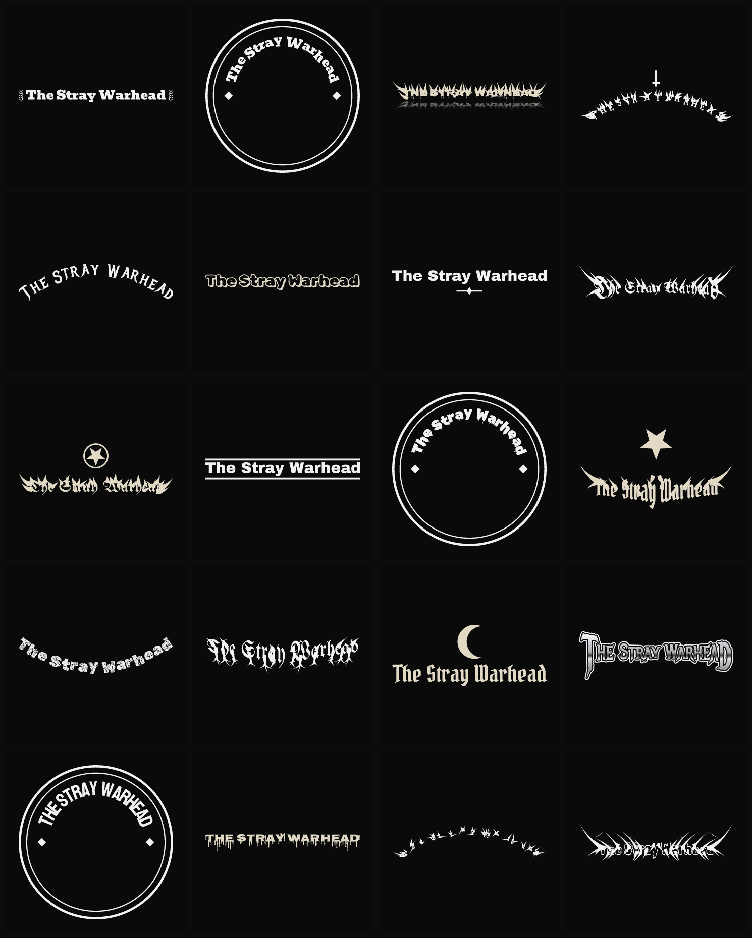 Twenty The Stray Warhead band logo ideas — different faces, treatments and spike settings