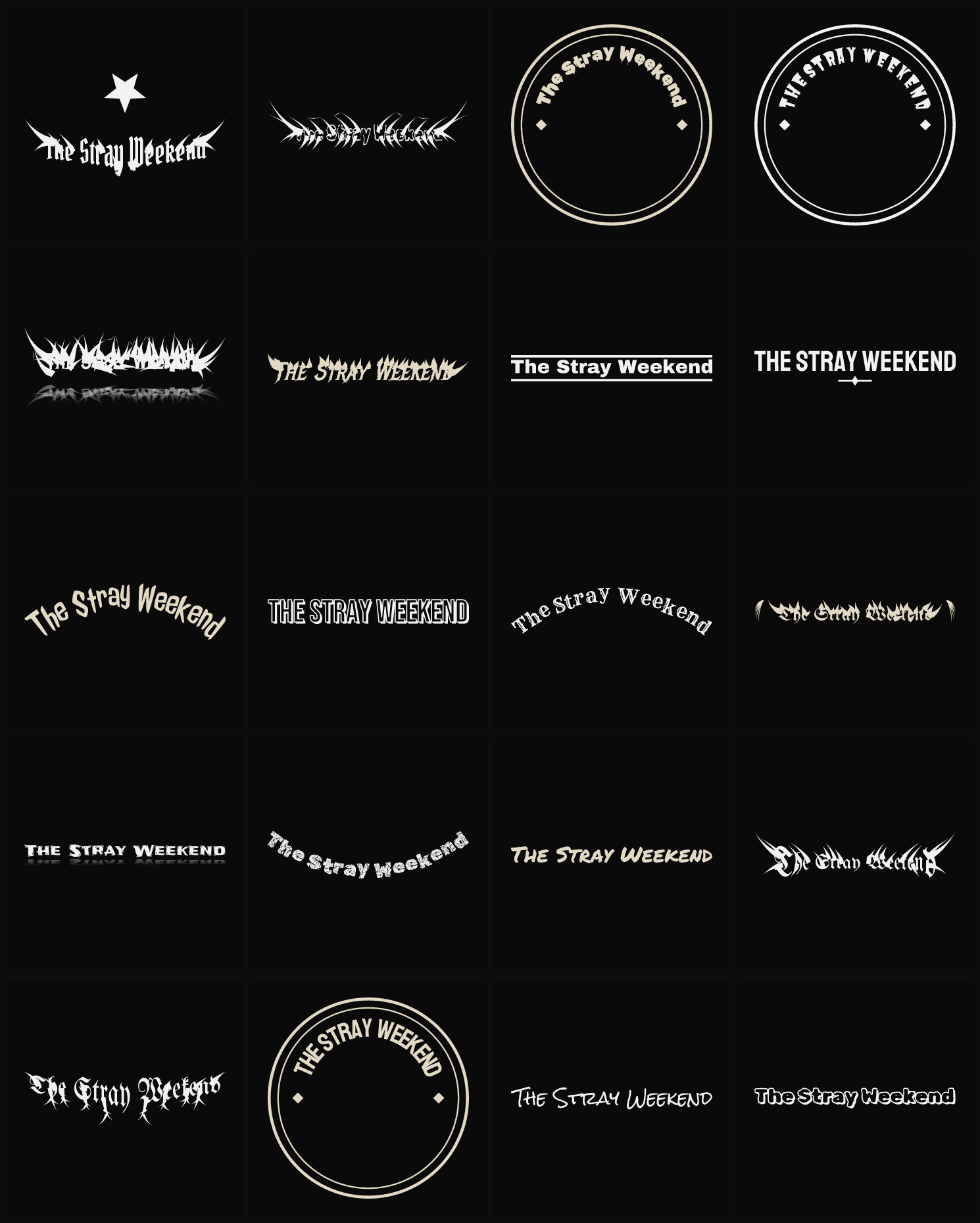 Twenty The Stray Weekend band logo ideas — different faces, treatments and spike settings