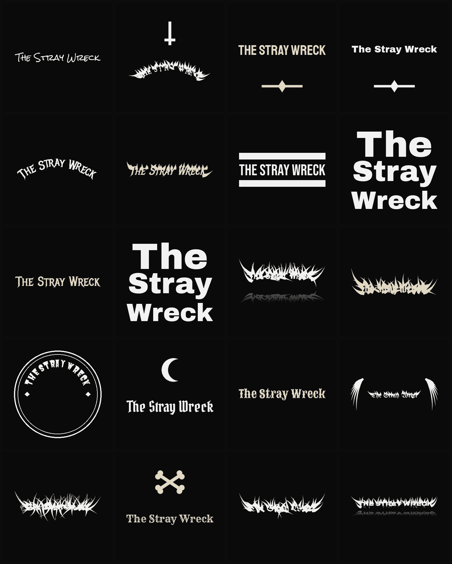 Twenty The Stray Wreck band logo ideas — different faces, treatments and spike settings