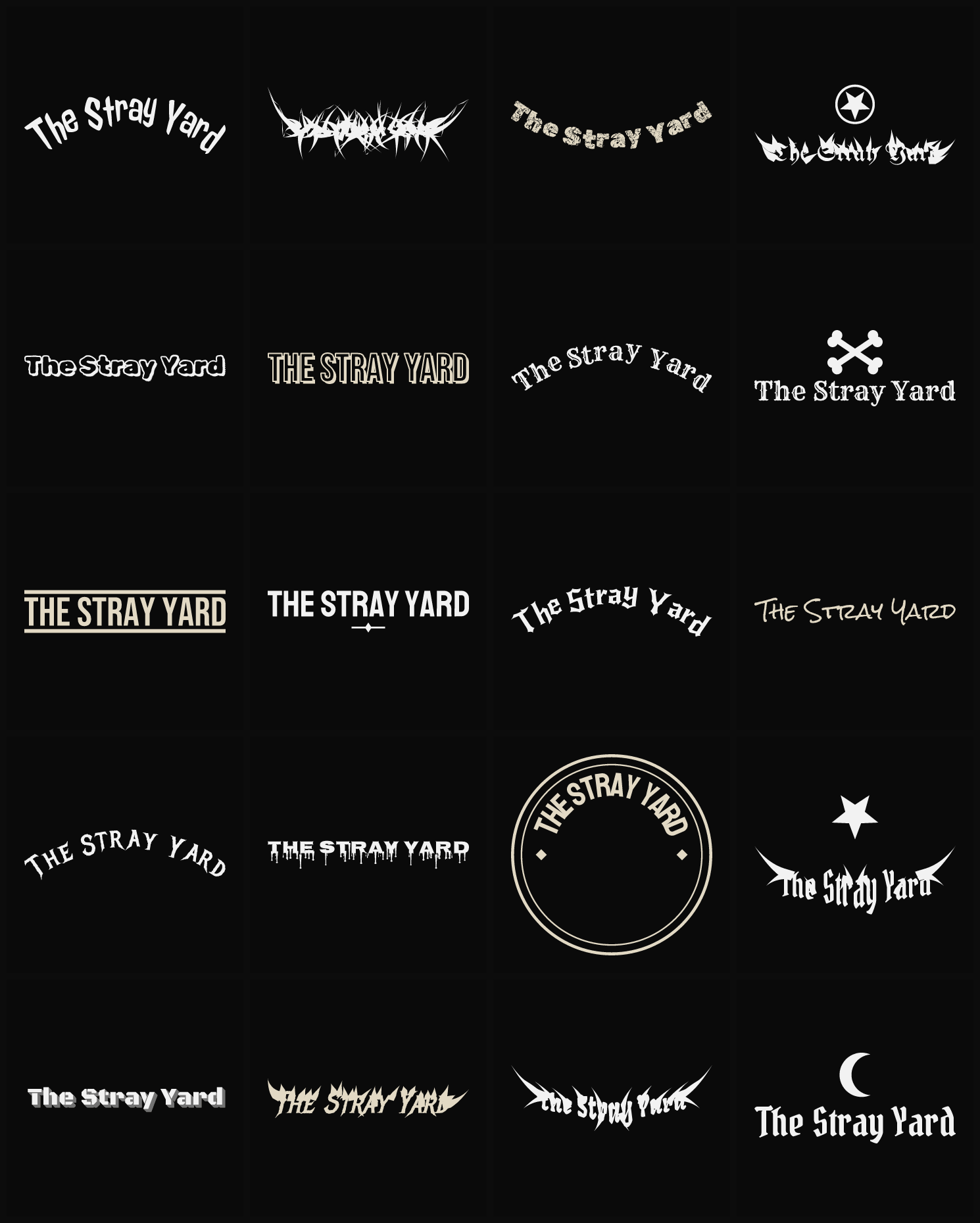Twenty The Stray Yard band logo ideas — different faces, treatments and spike settings