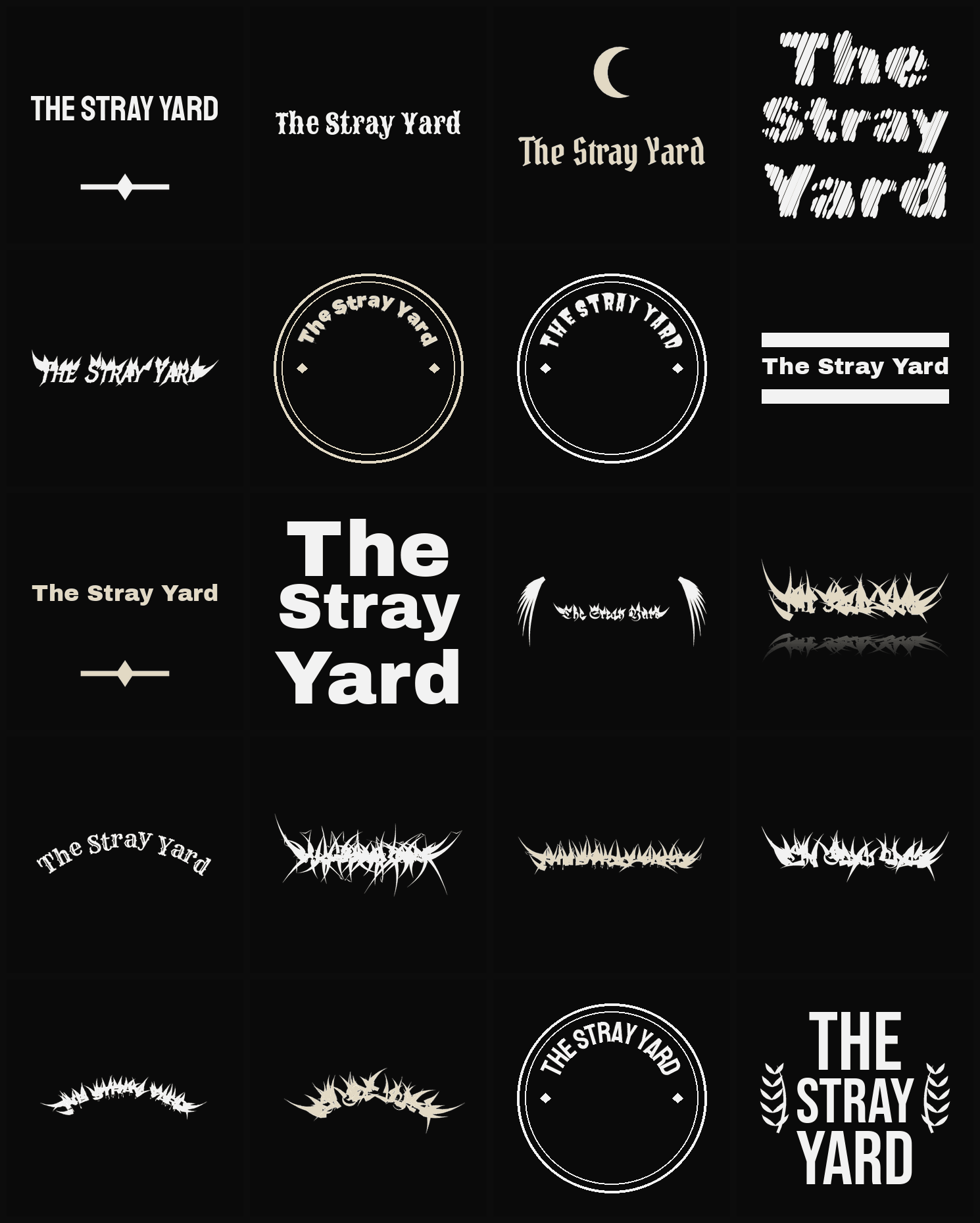 Twenty The Stray Yard band logo ideas — different faces, treatments and spike settings