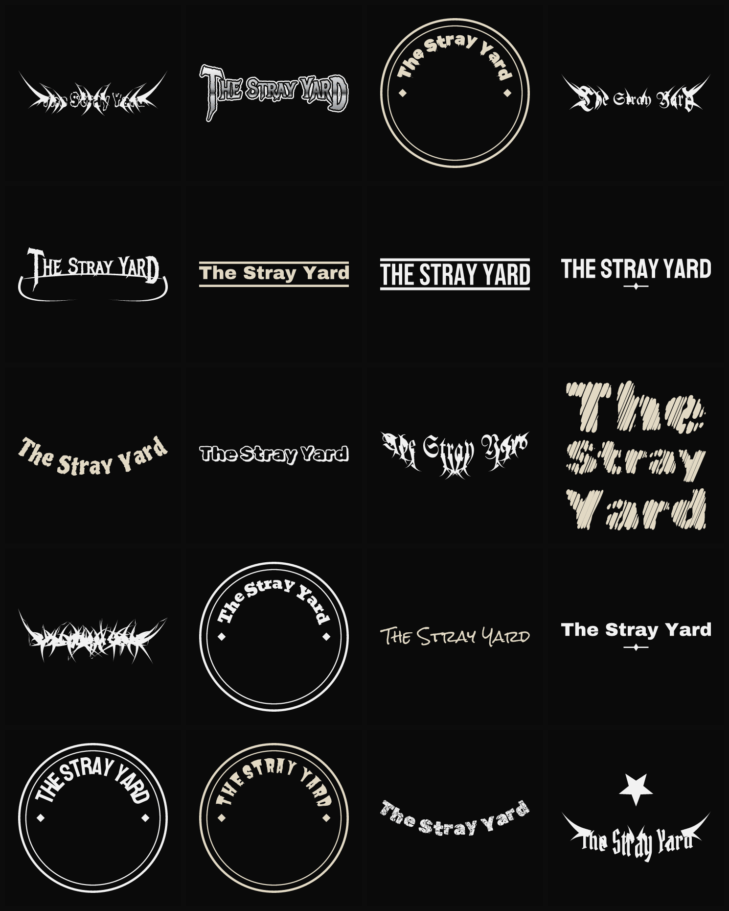 Twenty The Stray Yard band logo ideas — different faces, treatments and spike settings