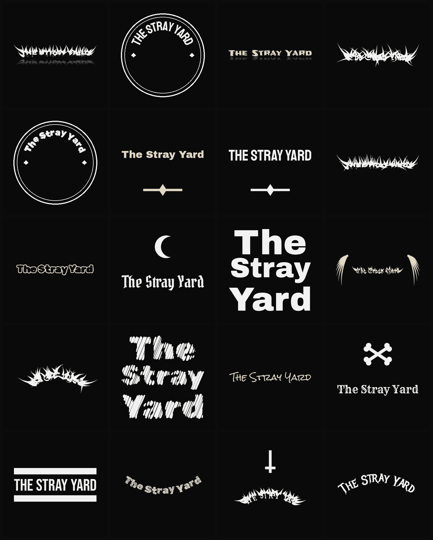 Twenty The Stray Yard band logo ideas — different faces, treatments and spike settings