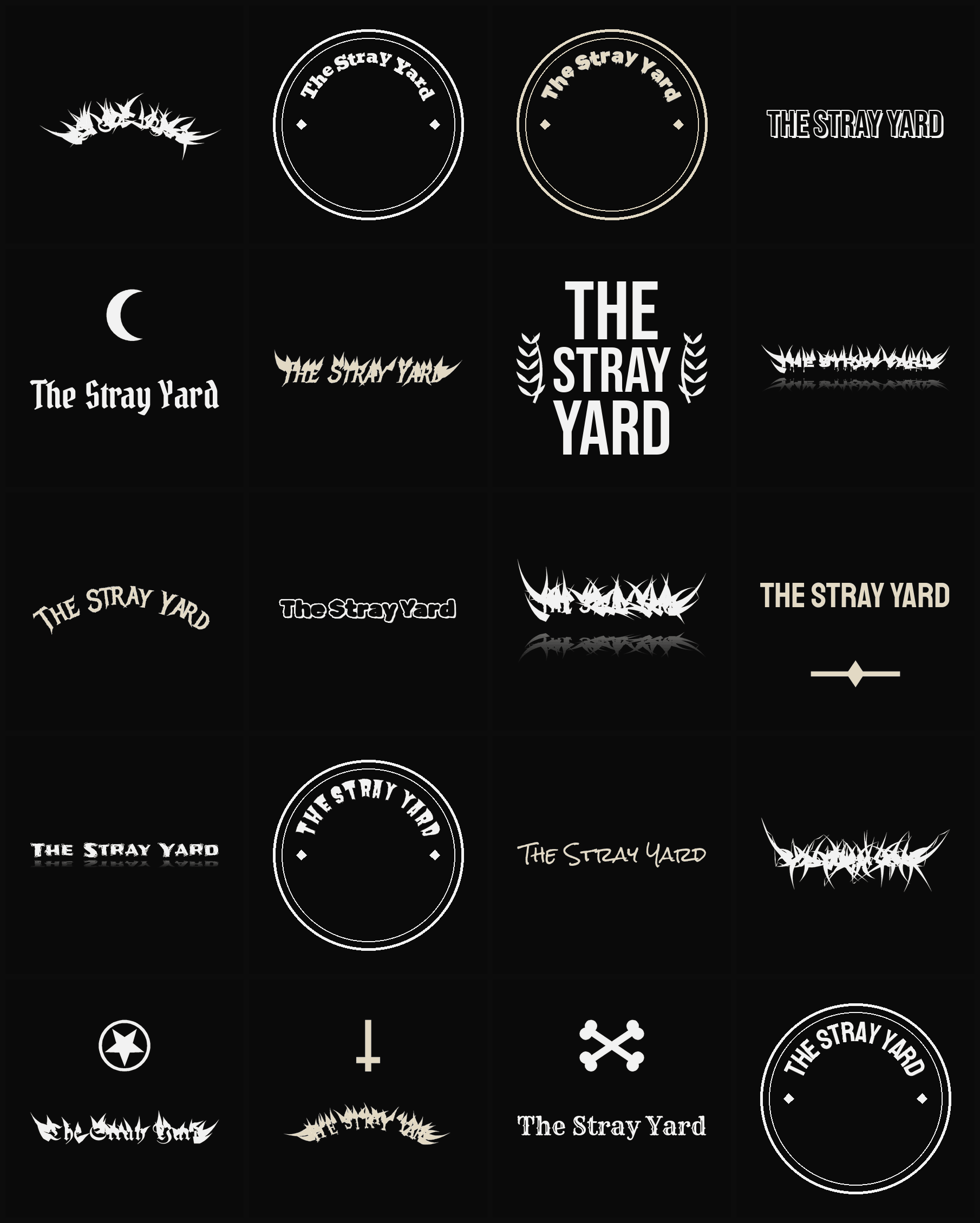Twenty The Stray Yard band logo ideas — different faces, treatments and spike settings