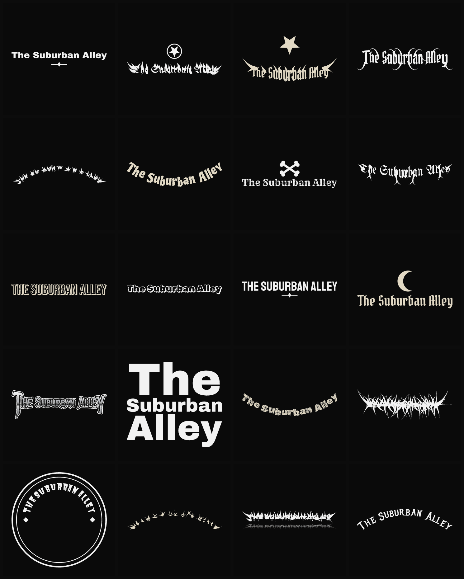 Twenty The Suburban Alley band logo ideas — different faces, treatments and spike settings