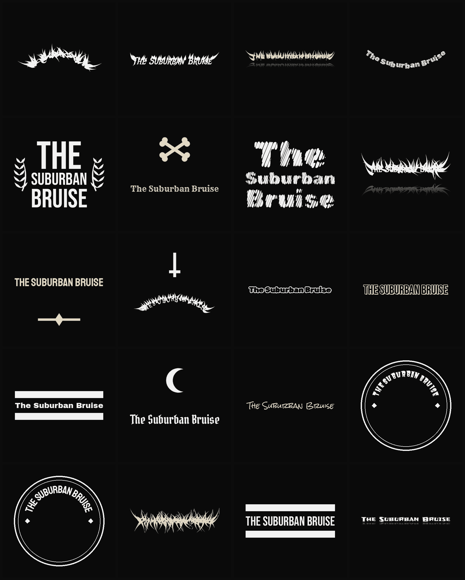 Twenty The Suburban Bruise band logo ideas — different faces, treatments and spike settings