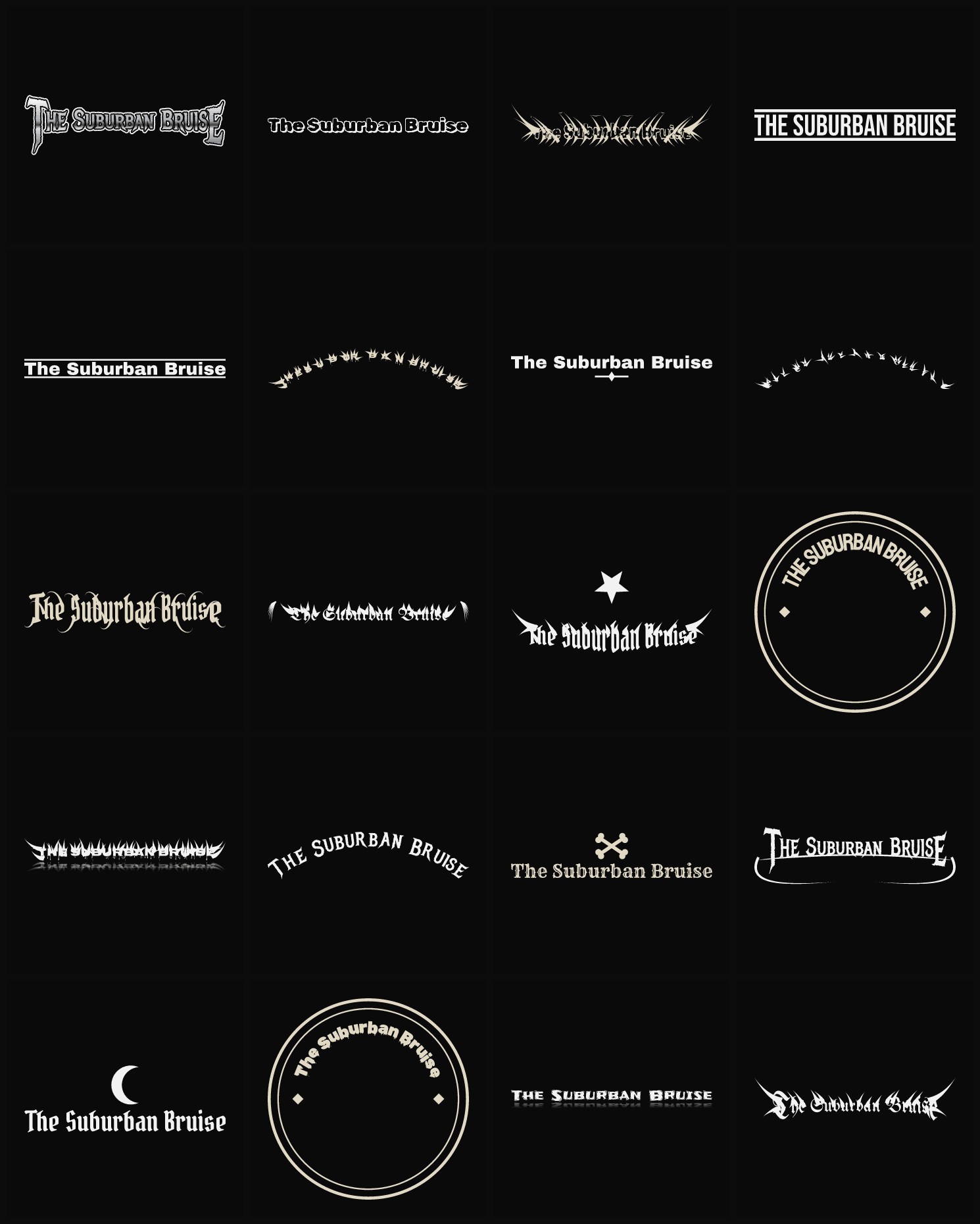 Twenty The Suburban Bruise band logo ideas — different faces, treatments and spike settings
